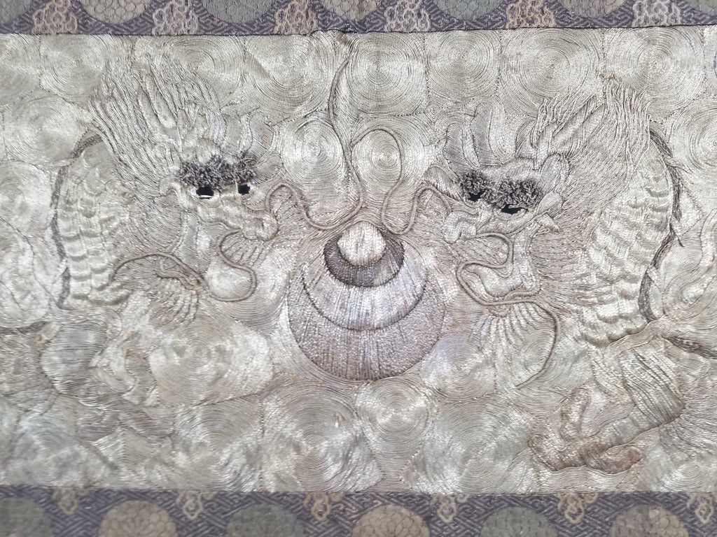 Vintage Chinese Silver Metallic Embroidered Dragon Tapestry 150x61cm