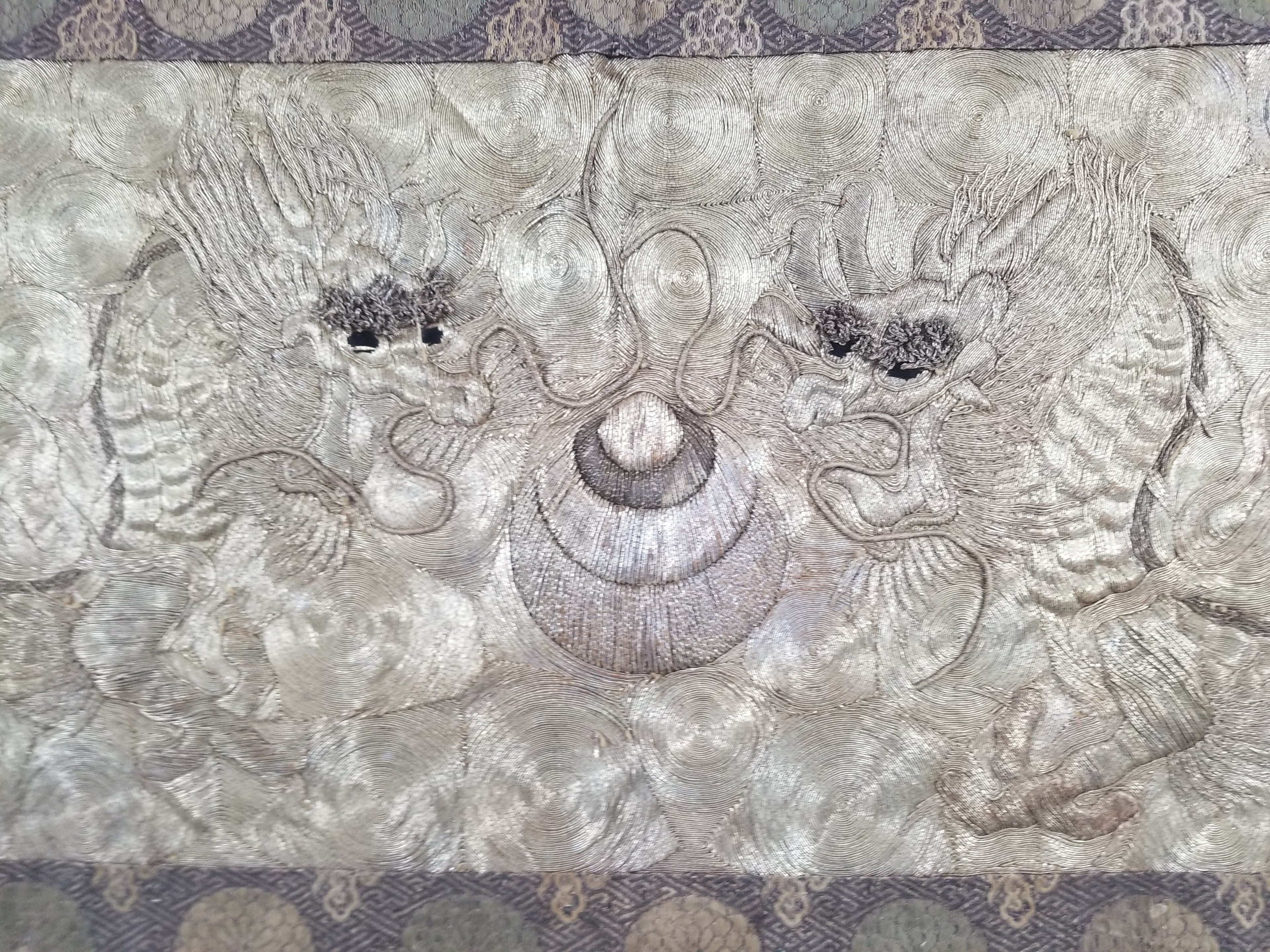 Vintage Chinese Silver Metallic Embroidered Dragon Tapestry 150x61cm