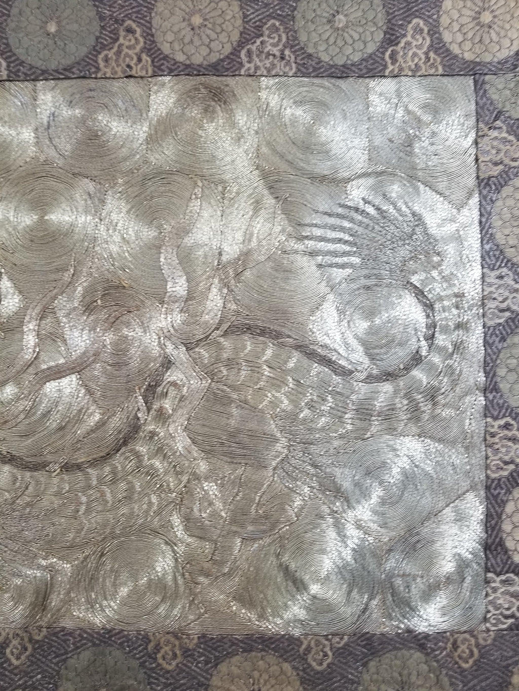 Vintage Chinese Silver Metallic Embroidered Dragon Tapestry 150x61cm