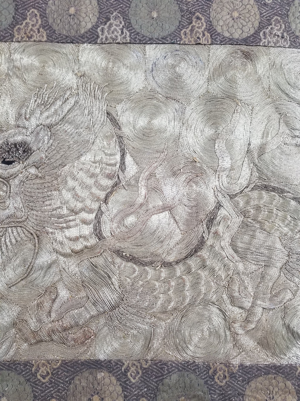 Vintage Chinese Silver Metallic Embroidered Dragon Tapestry 150x61cm