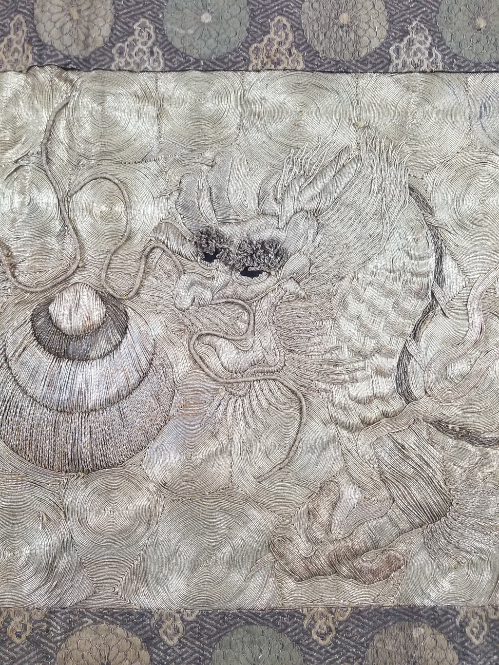 Vintage Chinese Silver Metallic Embroidered Dragon Tapestry 150x61cm