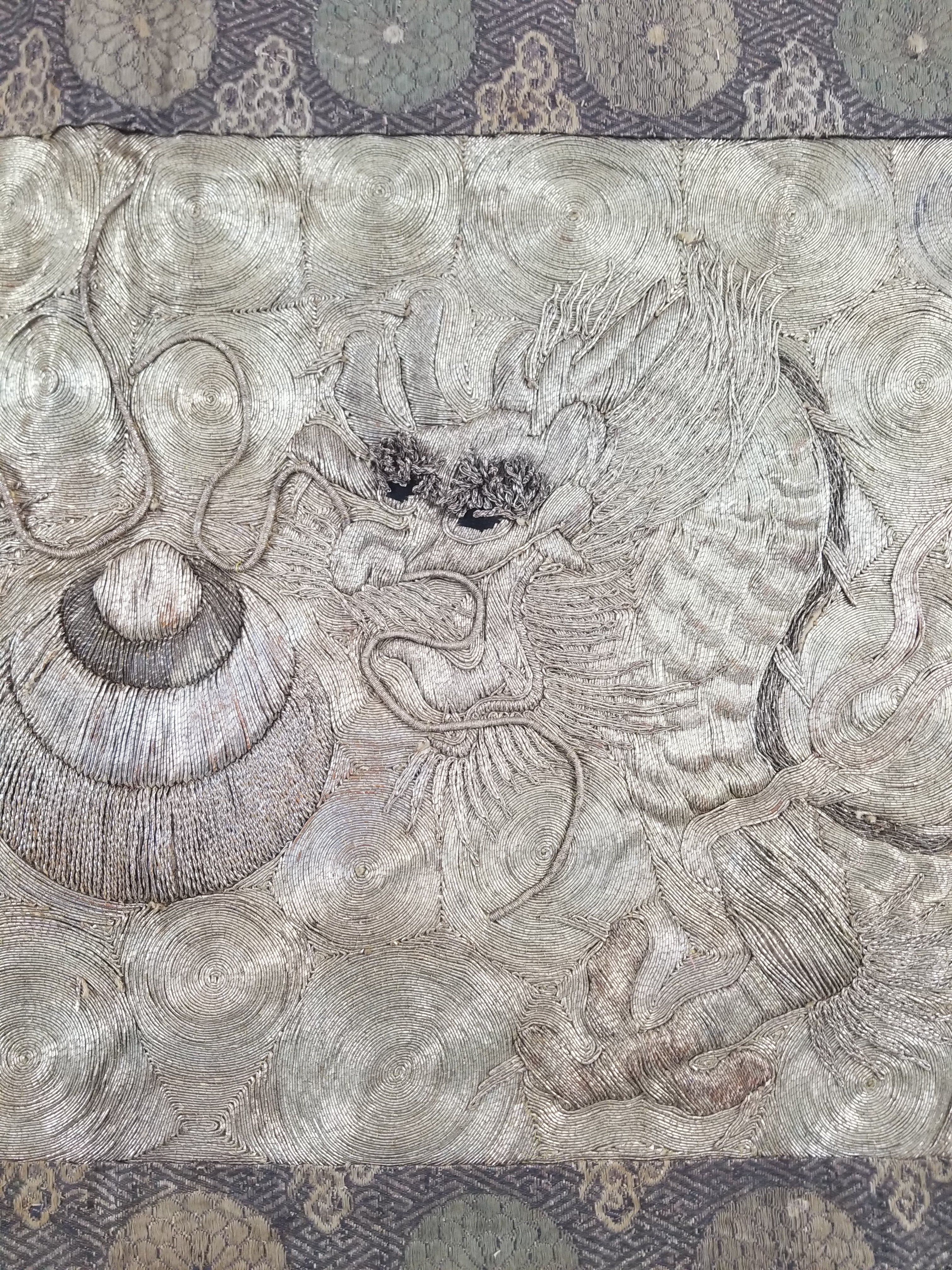 Vintage Chinese Silver Metallic Embroidered Dragon Tapestry 150x61cm
