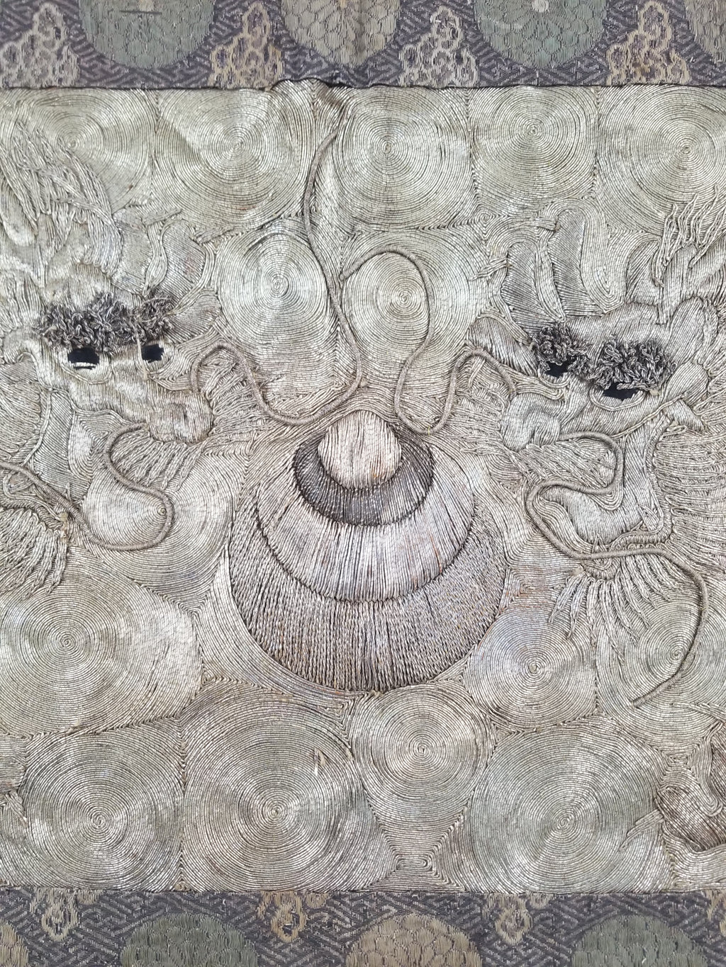 Vintage Chinese Silver Metallic Embroidered Dragon Tapestry 150x61cm