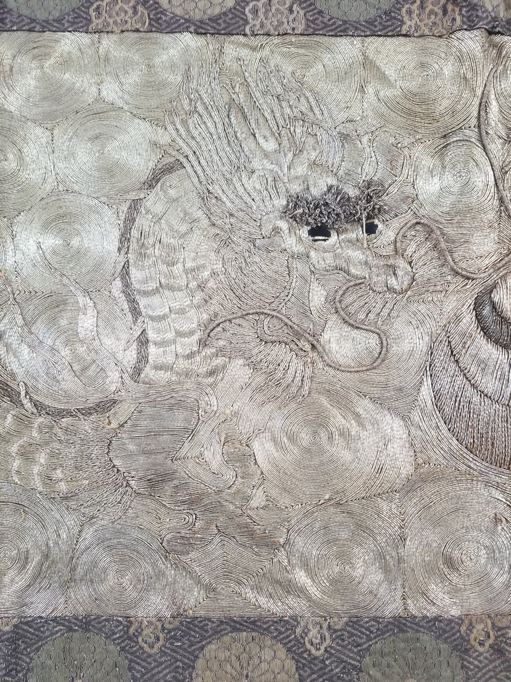 Vintage Chinese Silver Metallic Embroidered Dragon Tapestry 150x61cm