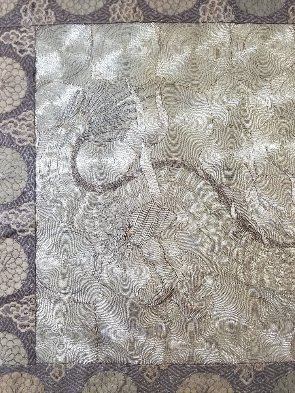 Vintage Chinese Silver Metallic Embroidered Dragon Tapestry 150x61cm