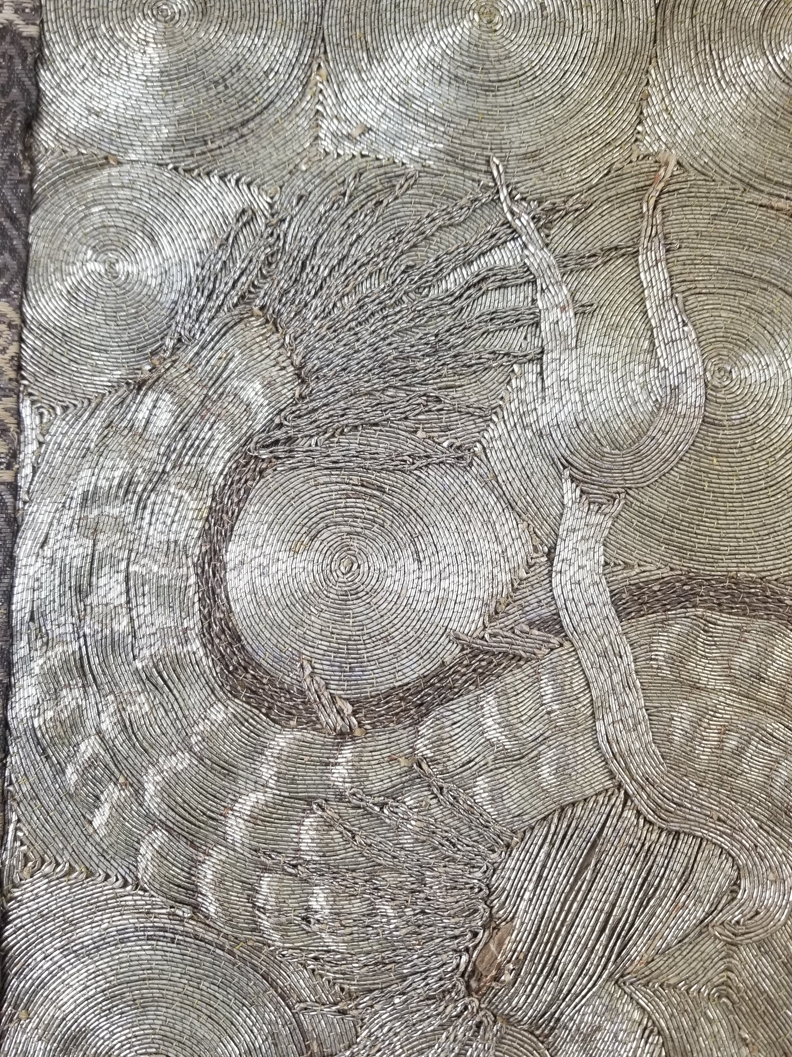 Vintage Chinese Silver Metallic Embroidered Dragon Tapestry 150x61cm