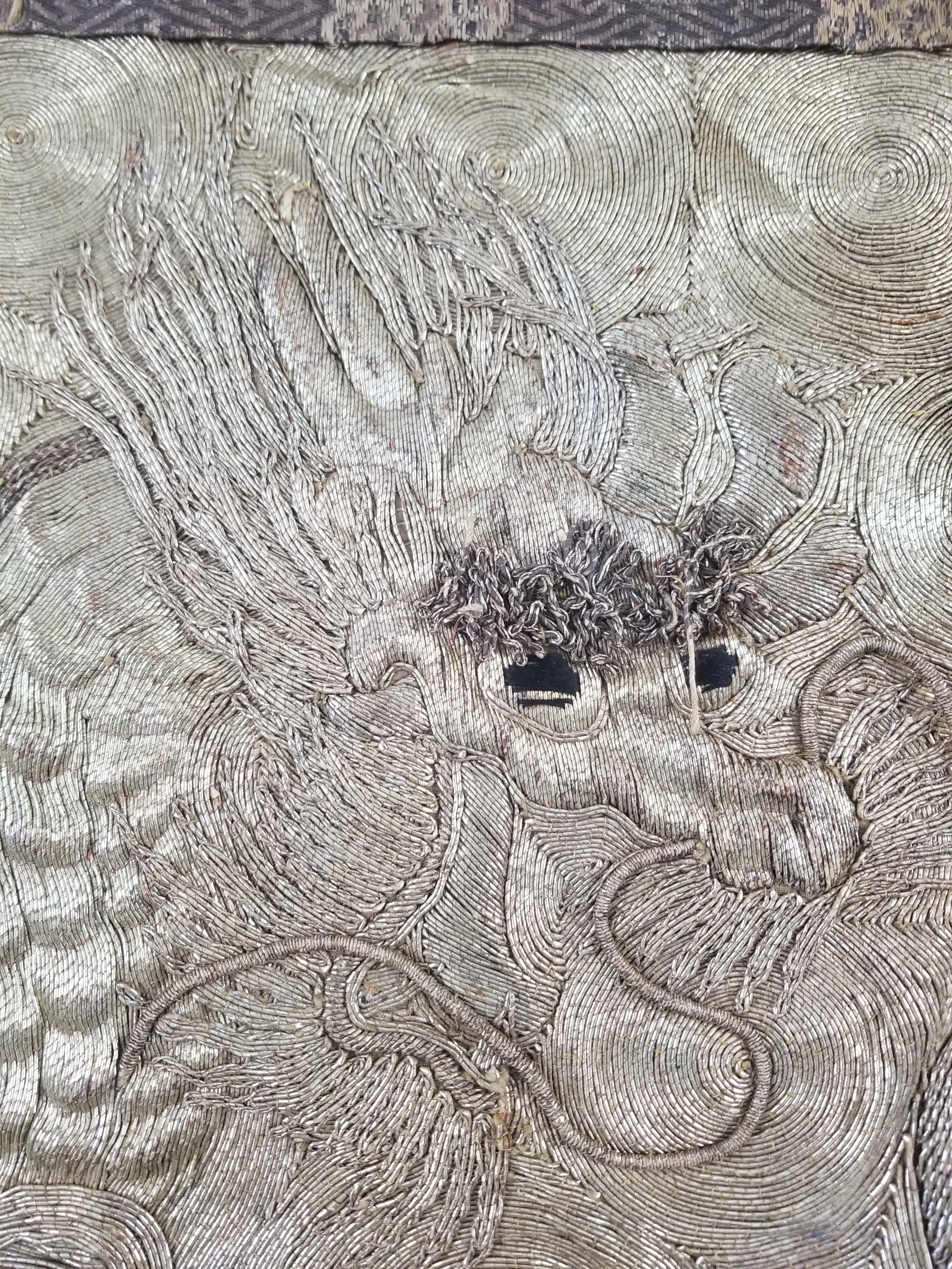 Vintage Chinese Silver Metallic Embroidered Dragon Tapestry 150x61cm