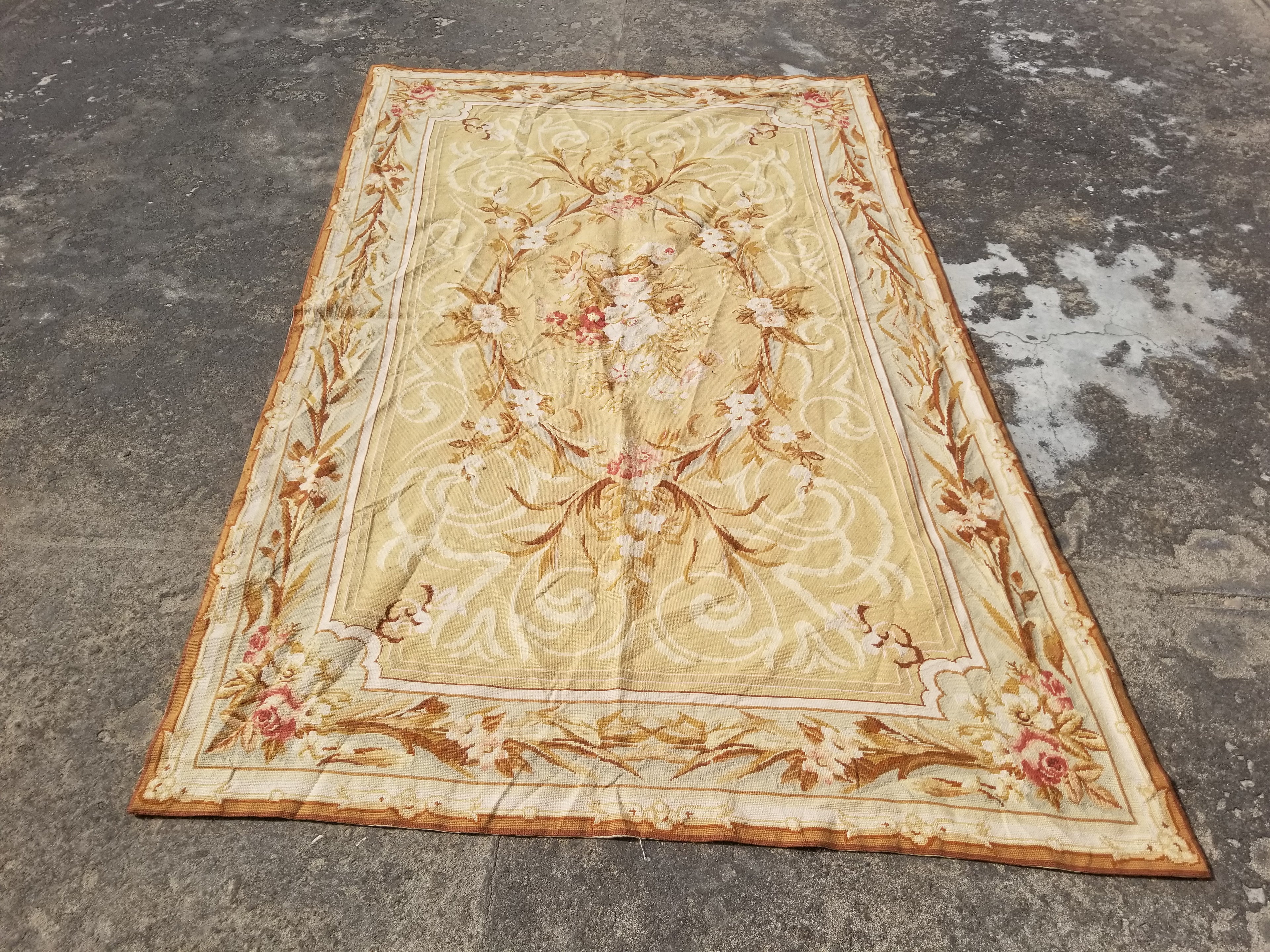 Vintage French Needlepoint Aubusson Style Baroque Floral Wool Rug 235x145cm