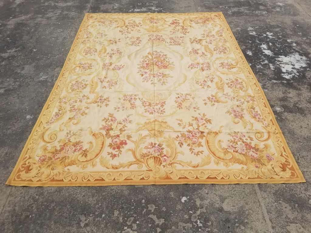 Vintage Handwoven French Aubusson Baroque Floral Wool Area Rug 372x264cm