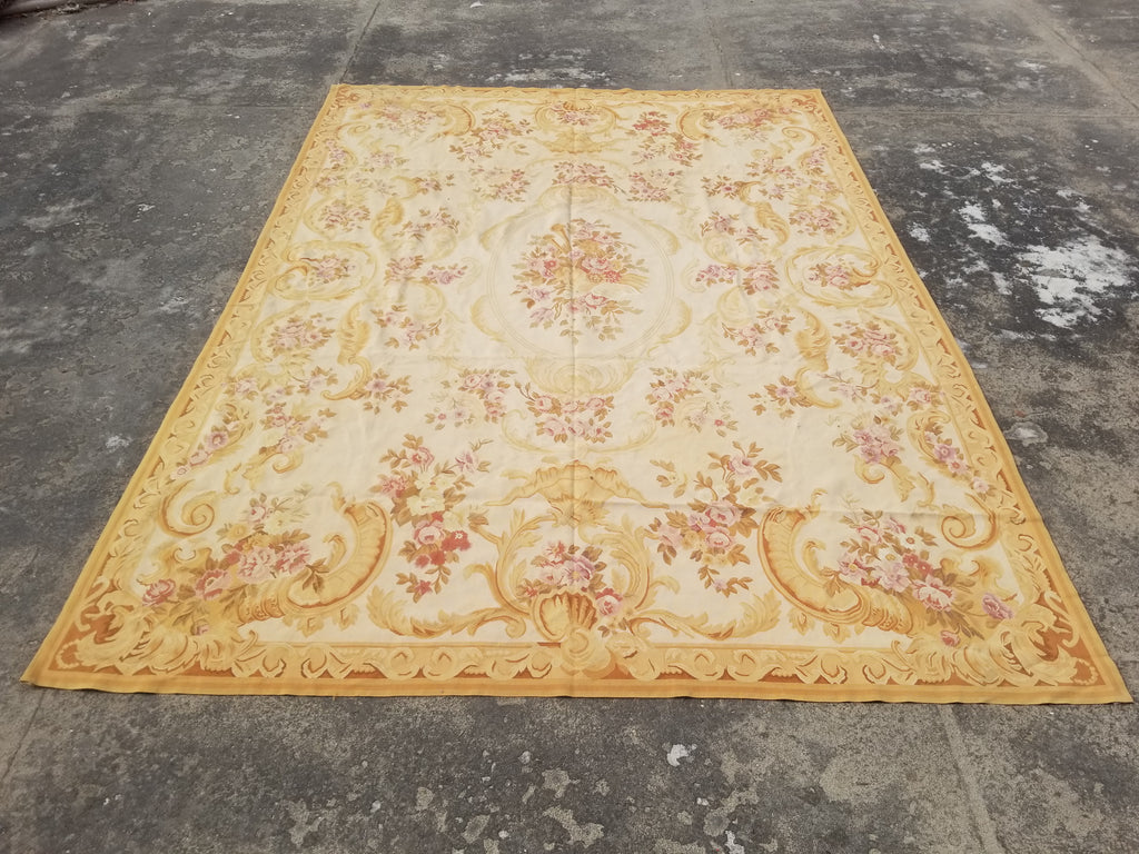Vintage Handwoven French Aubusson Baroque Floral Wool Area Rug 372x264cm