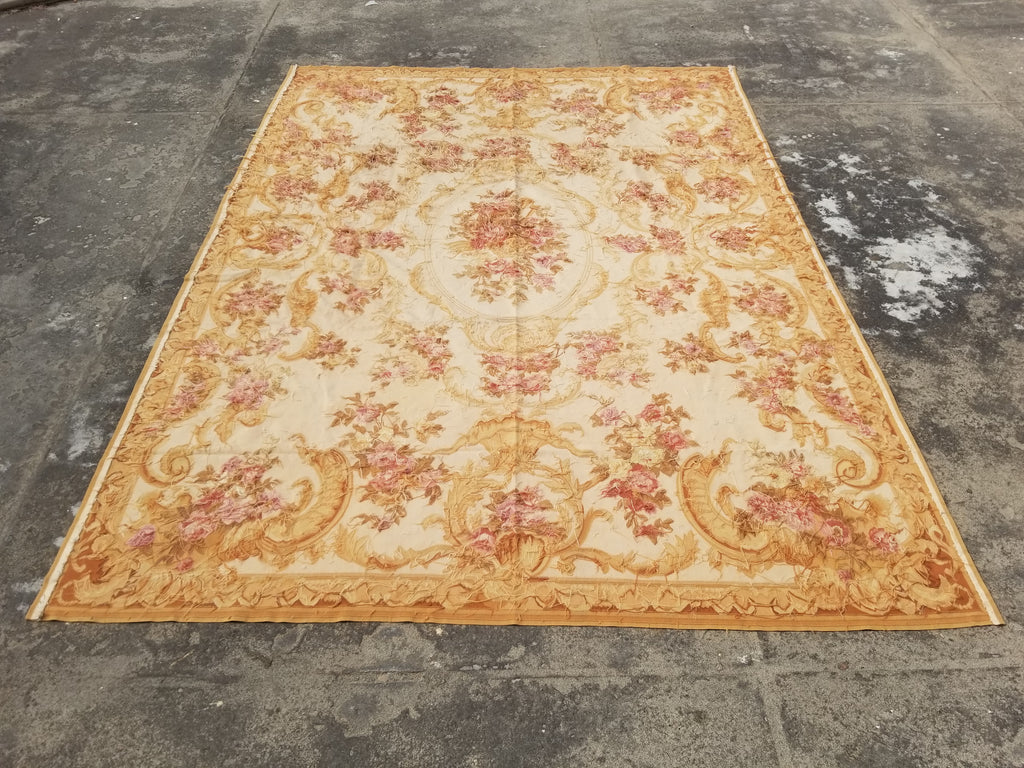 Vintage Handwoven French Aubusson Baroque Floral Wool Area Rug 372x264cm