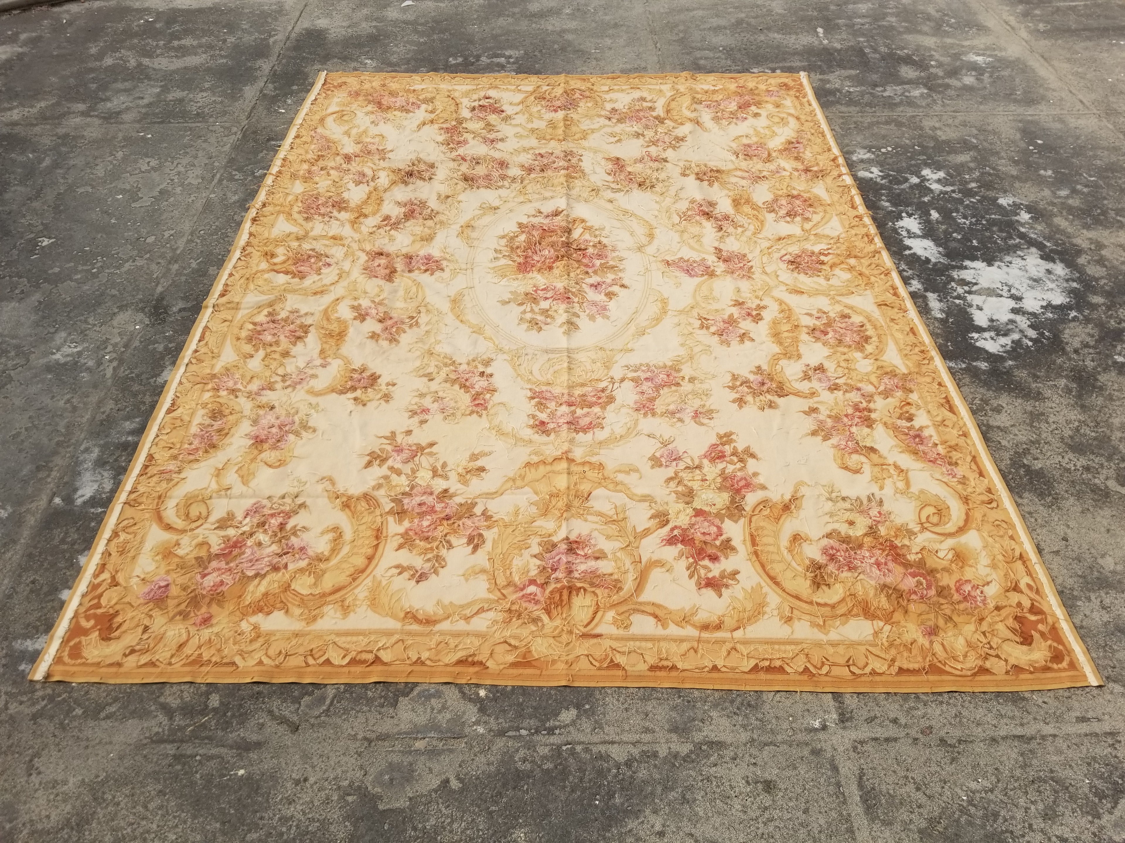 Vintage Handwoven French Aubusson Baroque Floral Wool Area Rug 372x264cm