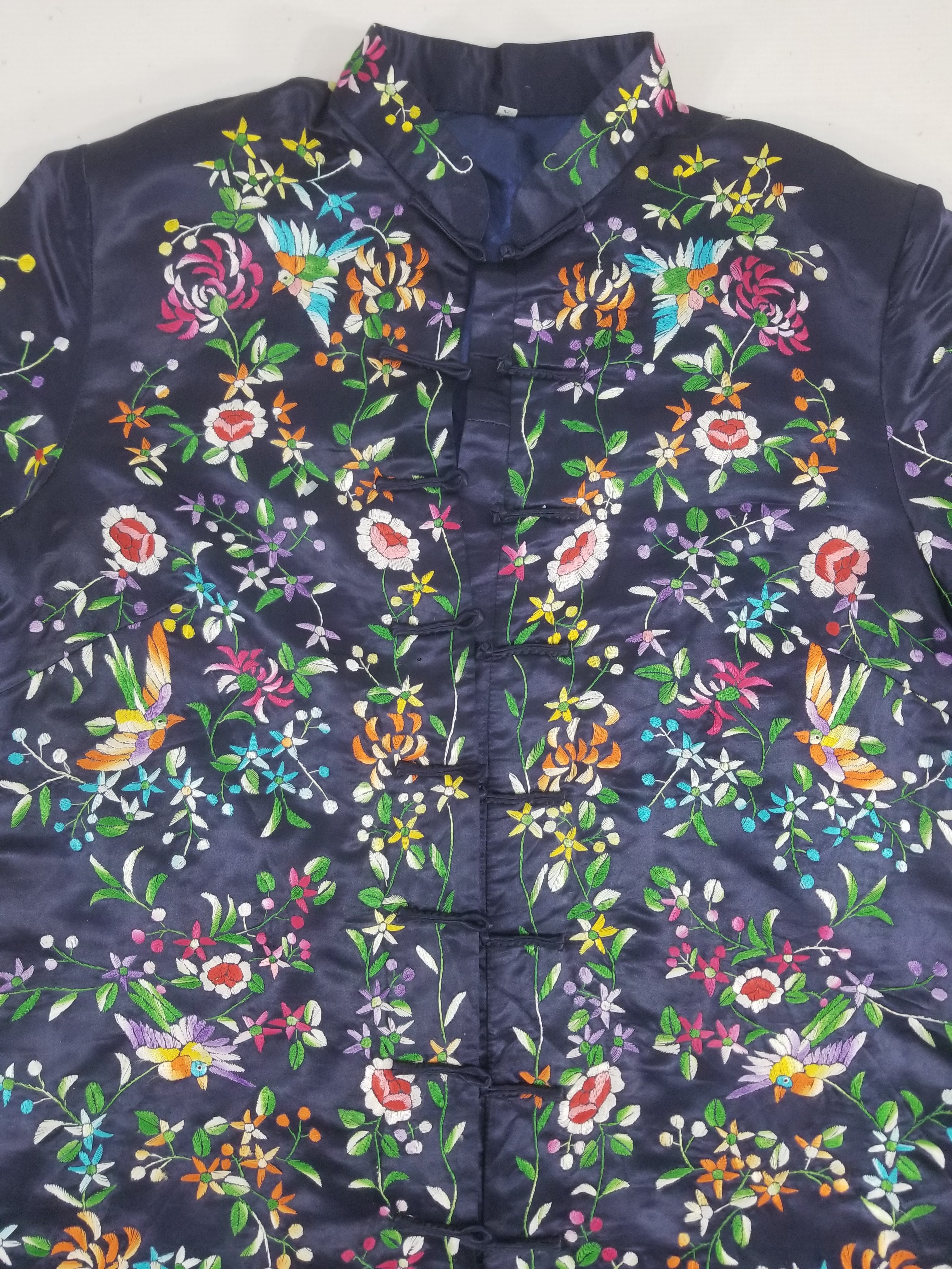 Antique Chinese Hand Embroidered Floral & Birds Mandarin Jacket
