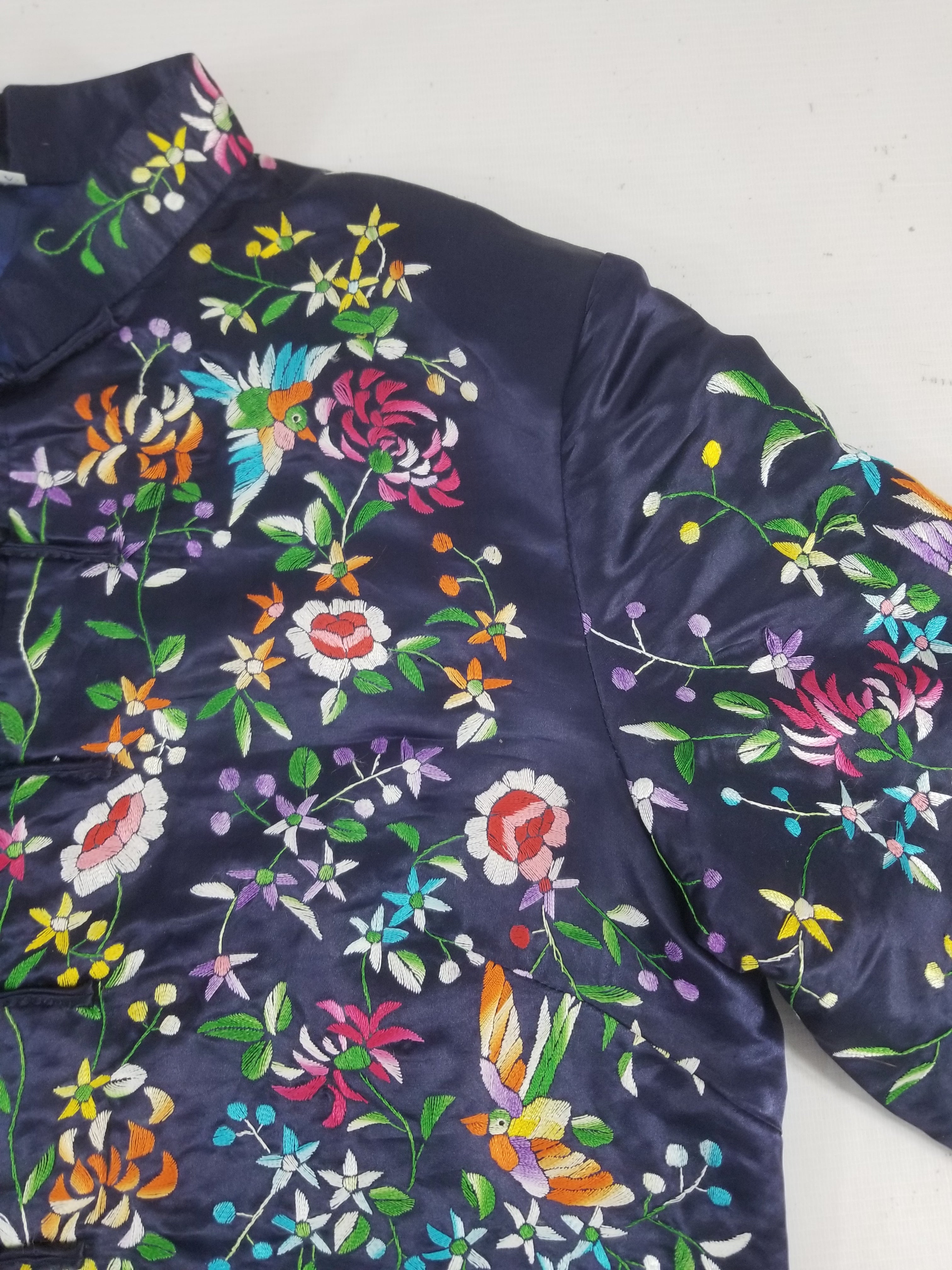 Antique Chinese Hand Embroidered Floral & Birds Mandarin Jacket