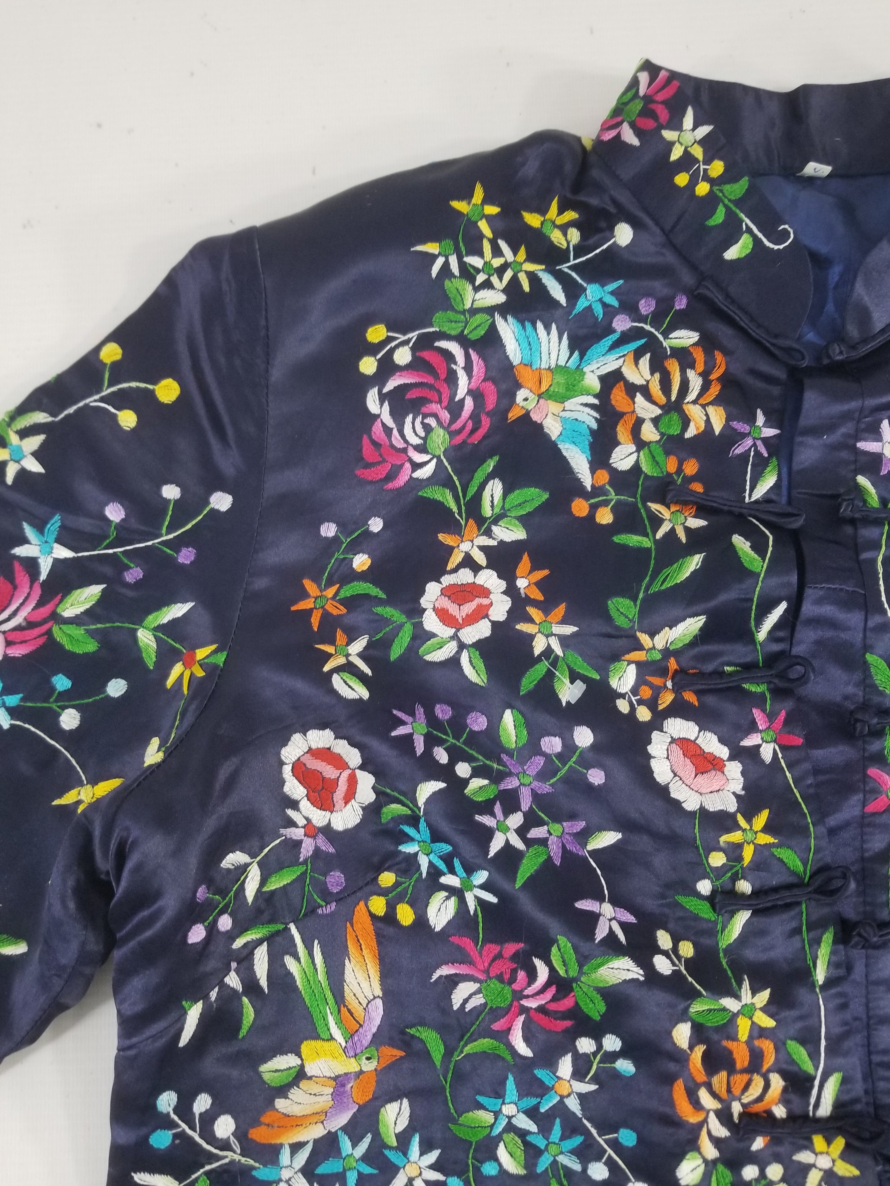 Antique Chinese Hand Embroidered Floral & Birds Mandarin Jacket