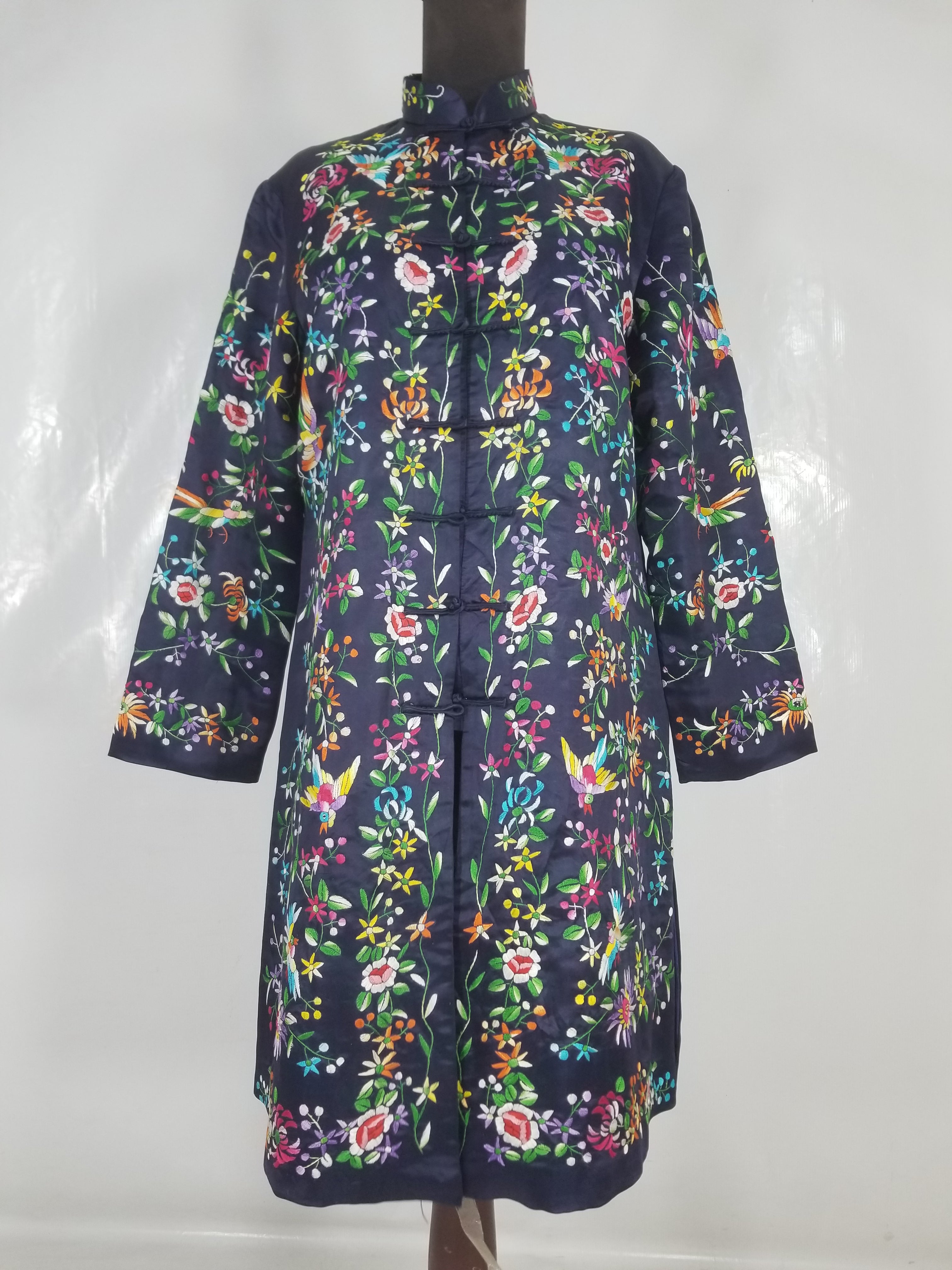 Antique Chinese Hand Embroidered Floral & Birds Mandarin Jacket