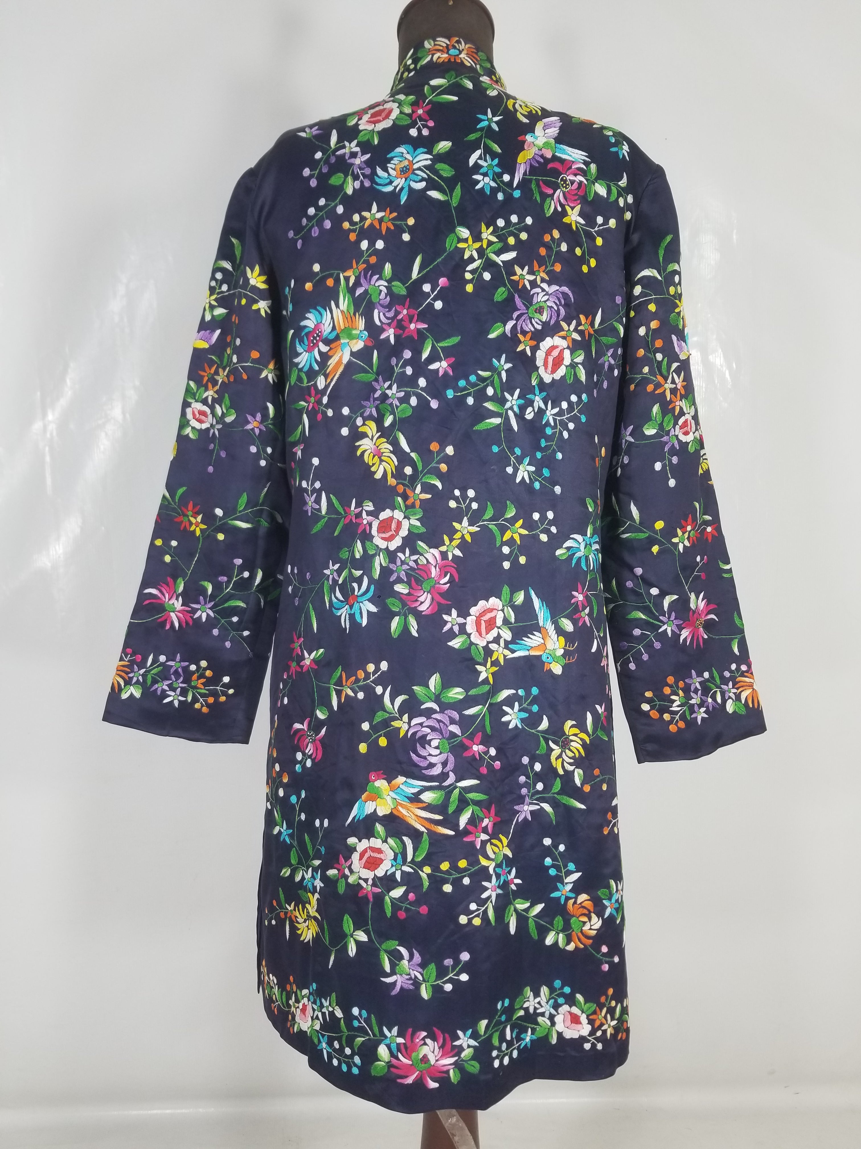 Antique Chinese Hand Embroidered Floral & Birds Mandarin Jacket