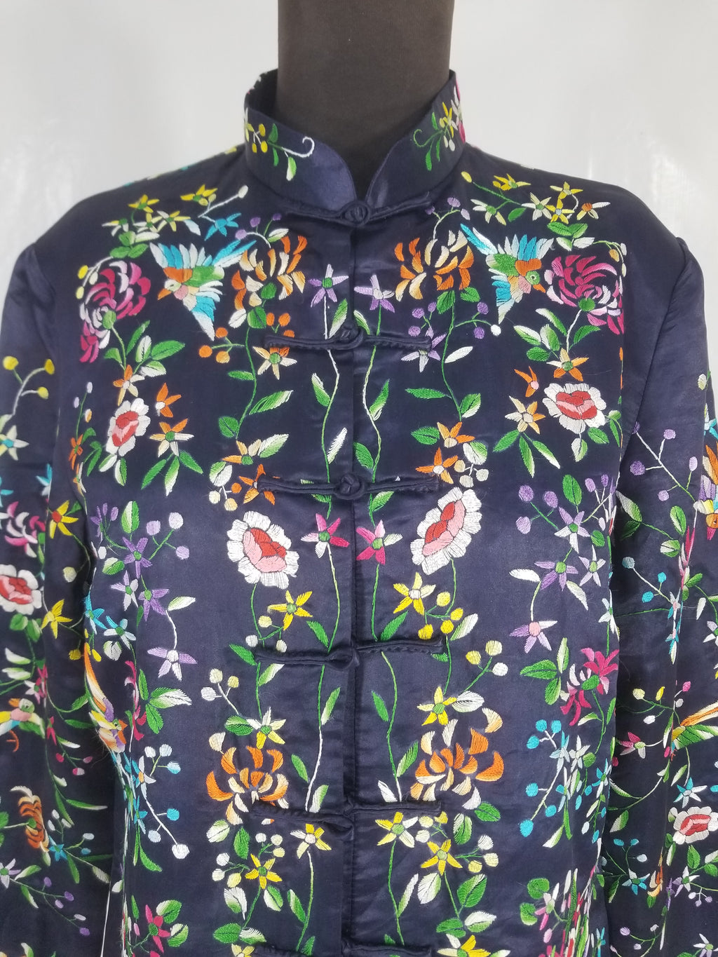 Antique Chinese Hand Embroidered Floral & Birds Mandarin Jacket