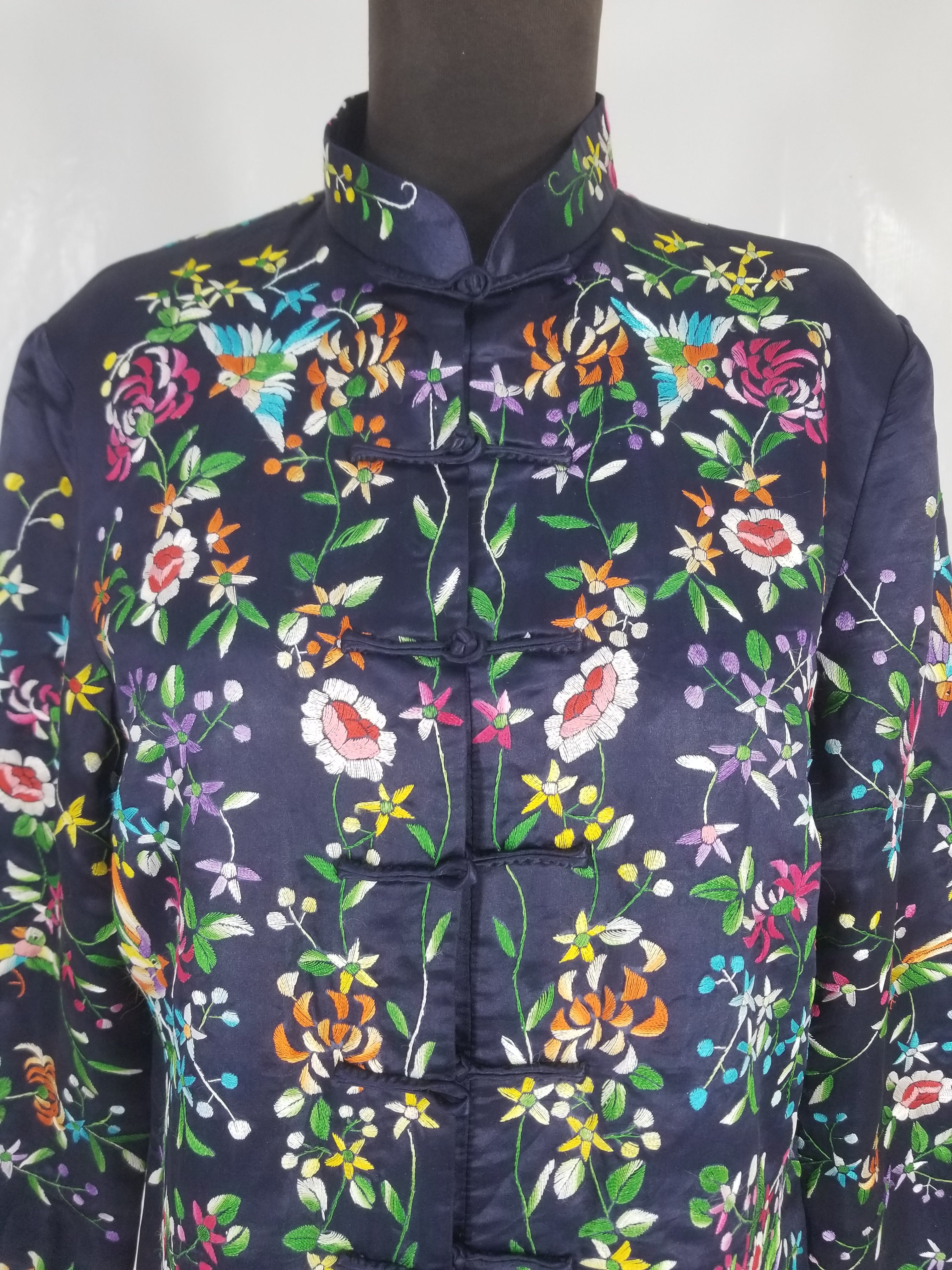 Antique Chinese Hand Embroidered Floral & Birds Mandarin Jacket