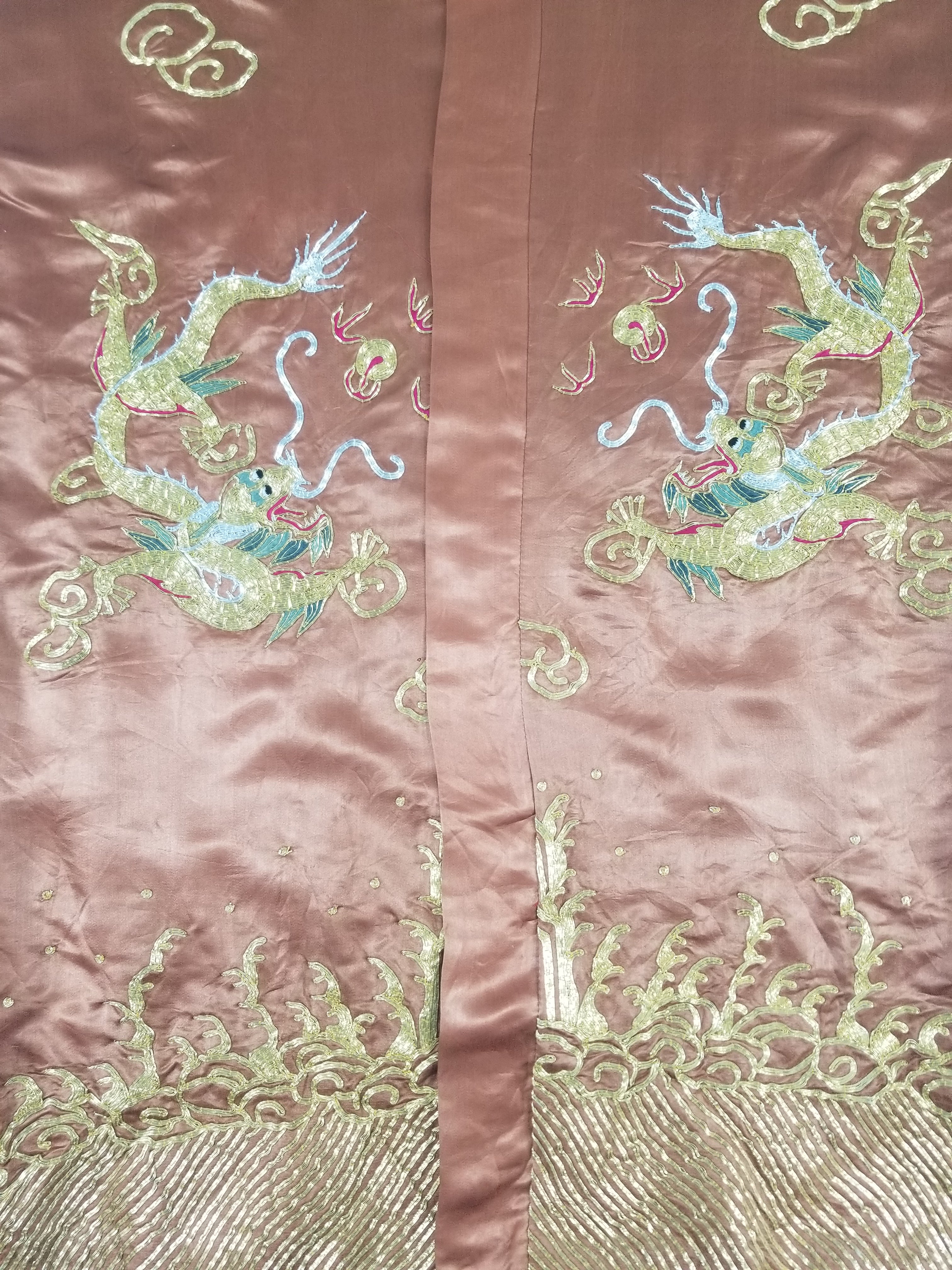 Vintage Chinese Gold Metallic Embroidered Imperial Dragon Silk Kimono Robe