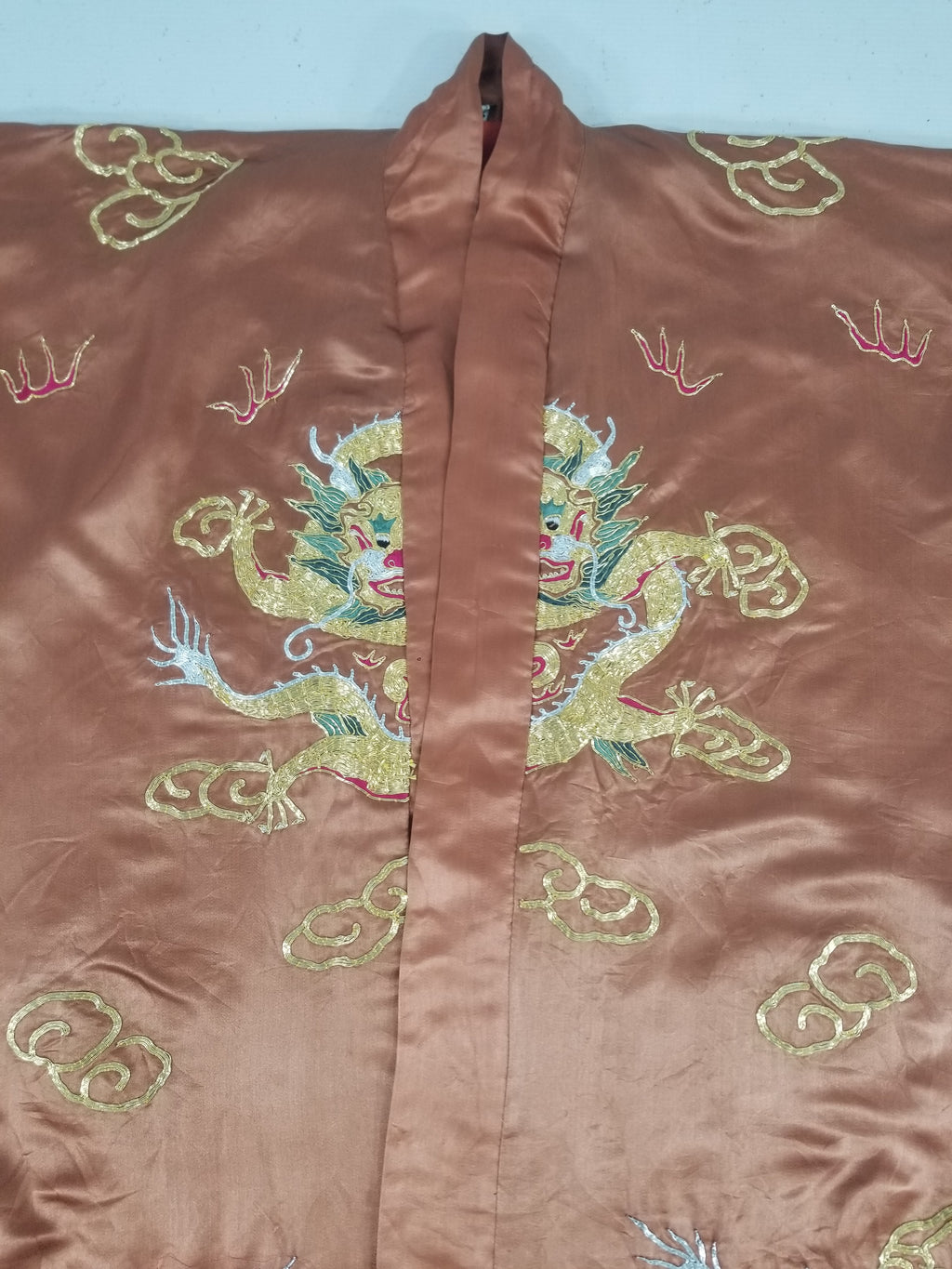 Vintage Chinese Gold Metallic Embroidered Imperial Dragon Silk Kimono Robe