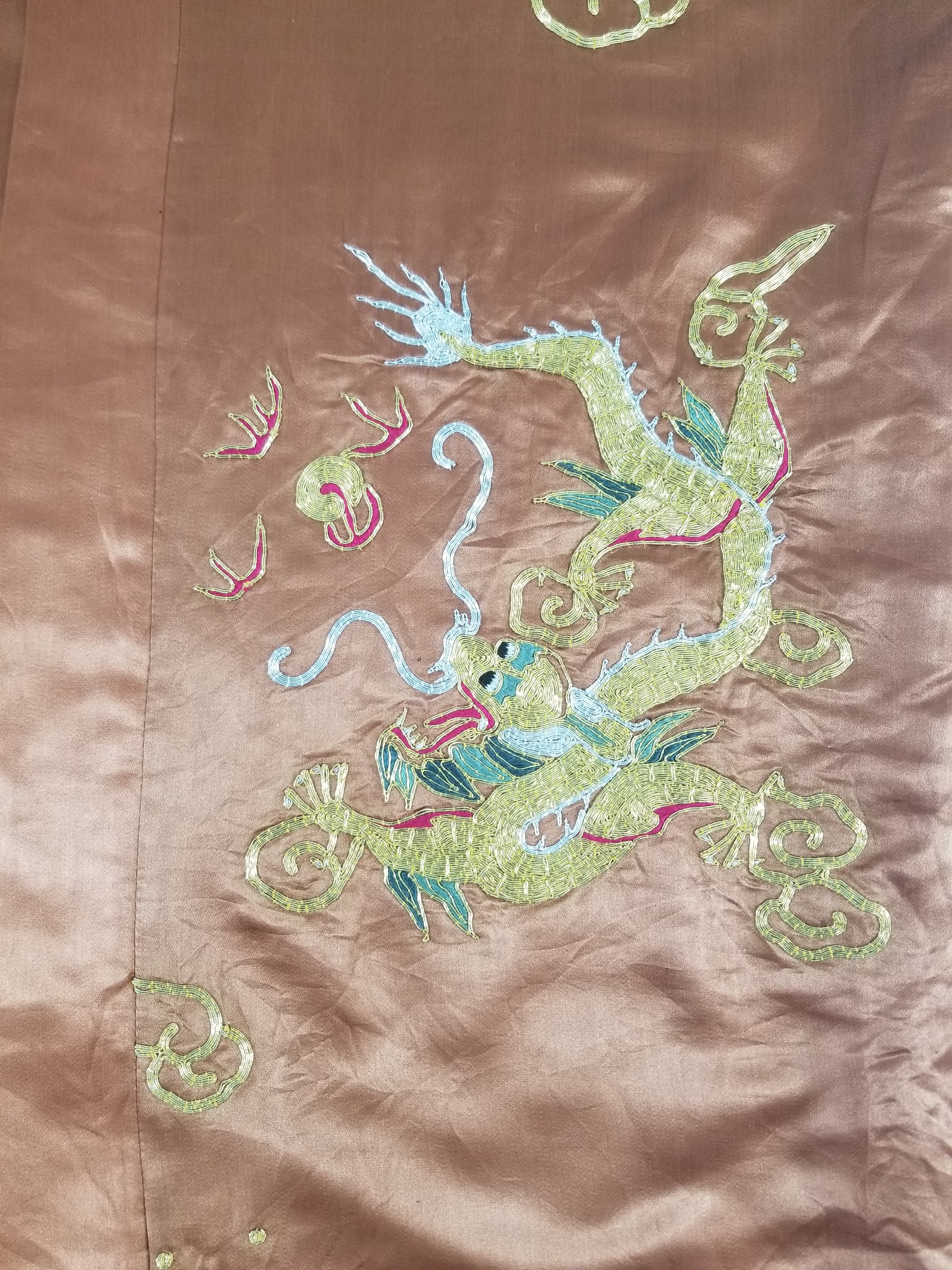 Vintage Chinese Gold Metallic Embroidered Imperial Dragon Silk Kimono Robe