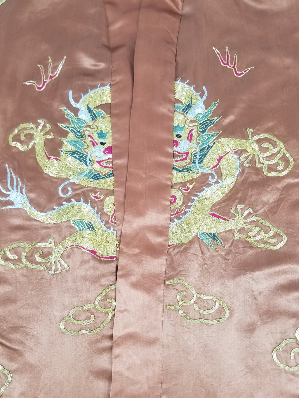 Vintage Chinese Gold Metallic Embroidered Imperial Dragon Silk Kimono Robe
