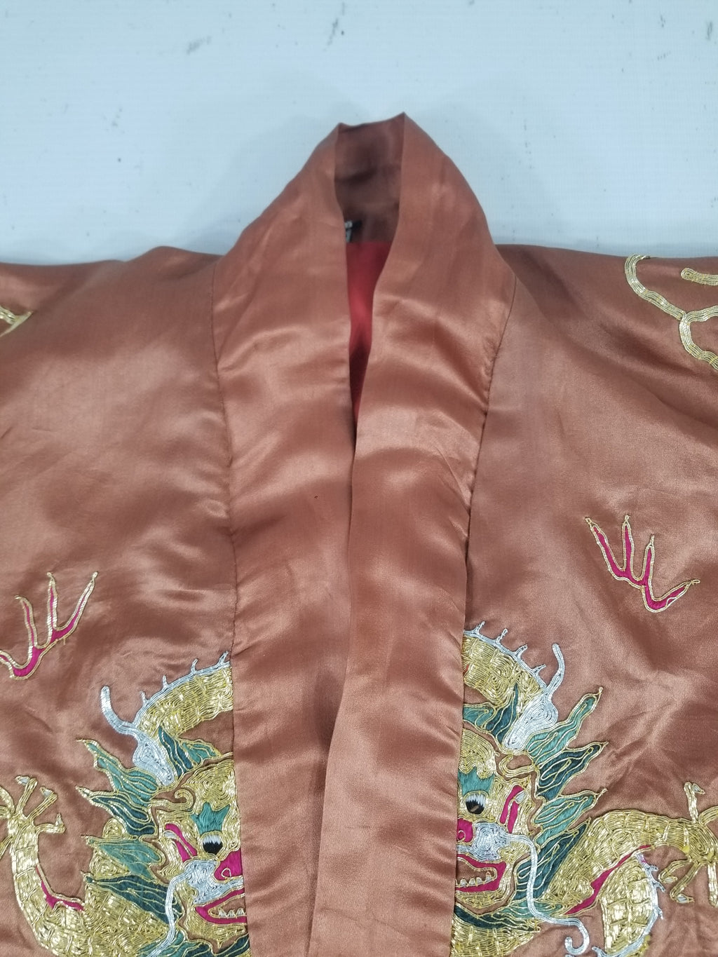 Vintage Chinese Gold Metallic Embroidered Imperial Dragon Silk Kimono Robe