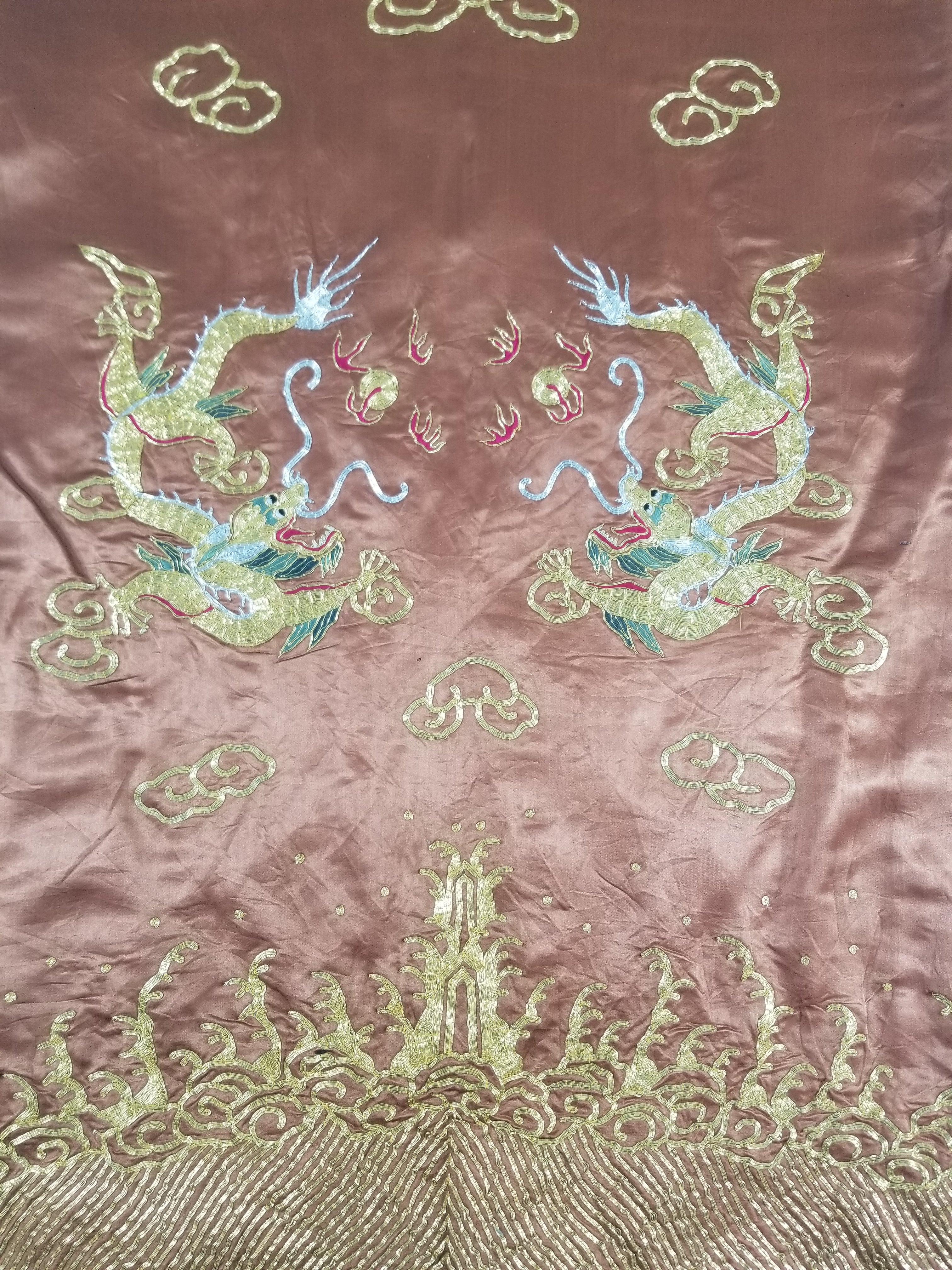 Vintage Chinese Gold Metallic Embroidered Imperial Dragon Silk Kimono Robe