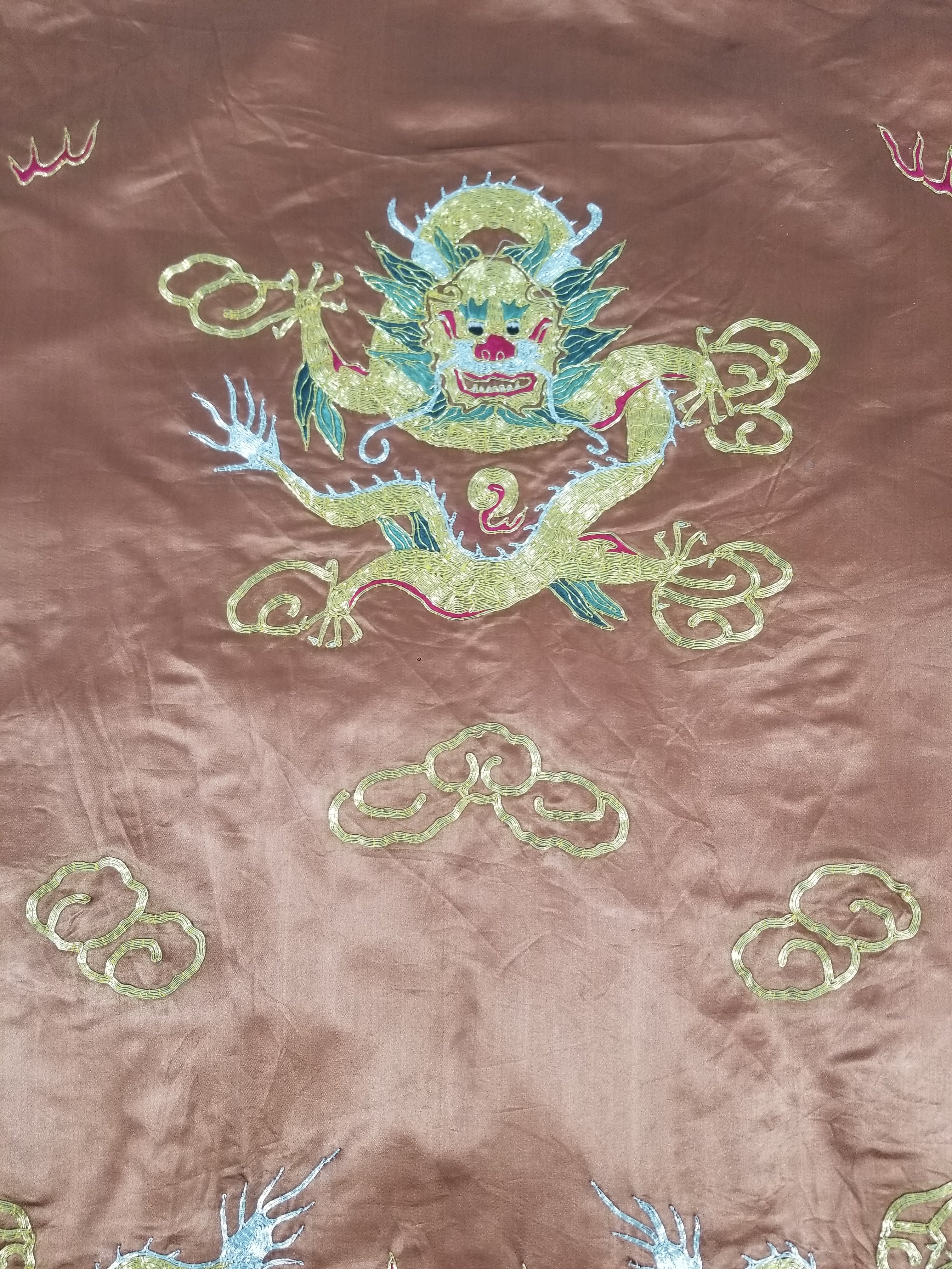 Vintage Chinese Gold Metallic Embroidered Imperial Dragon Silk Kimono Robe