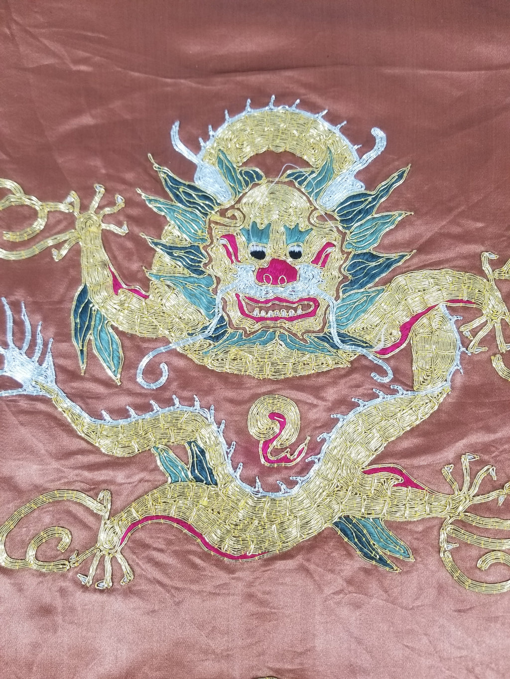 Vintage Chinese Gold Metallic Embroidered Imperial Dragon Silk Kimono Robe