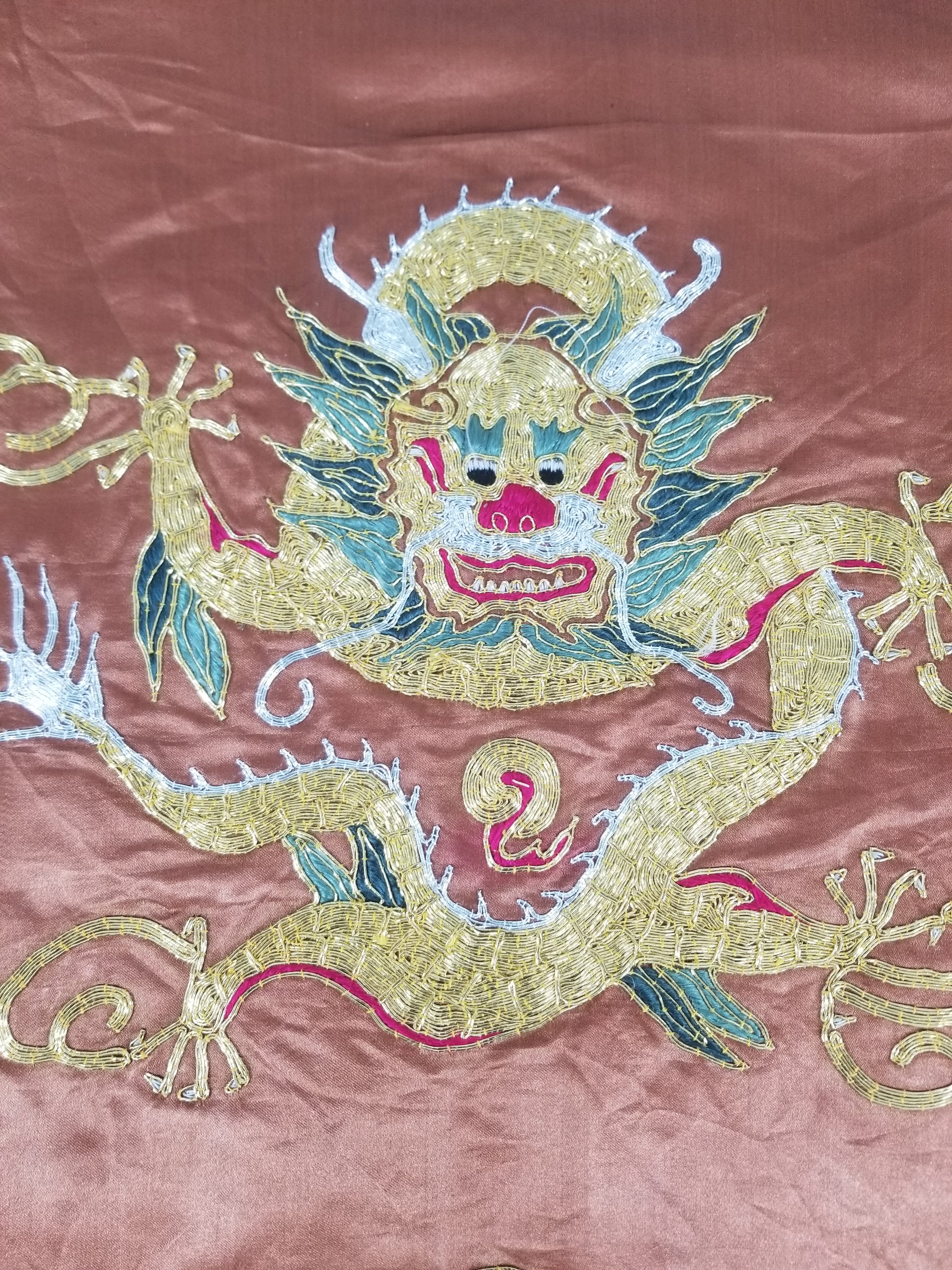 Vintage Chinese Gold Metallic Embroidered Imperial Dragon Silk Kimono Robe