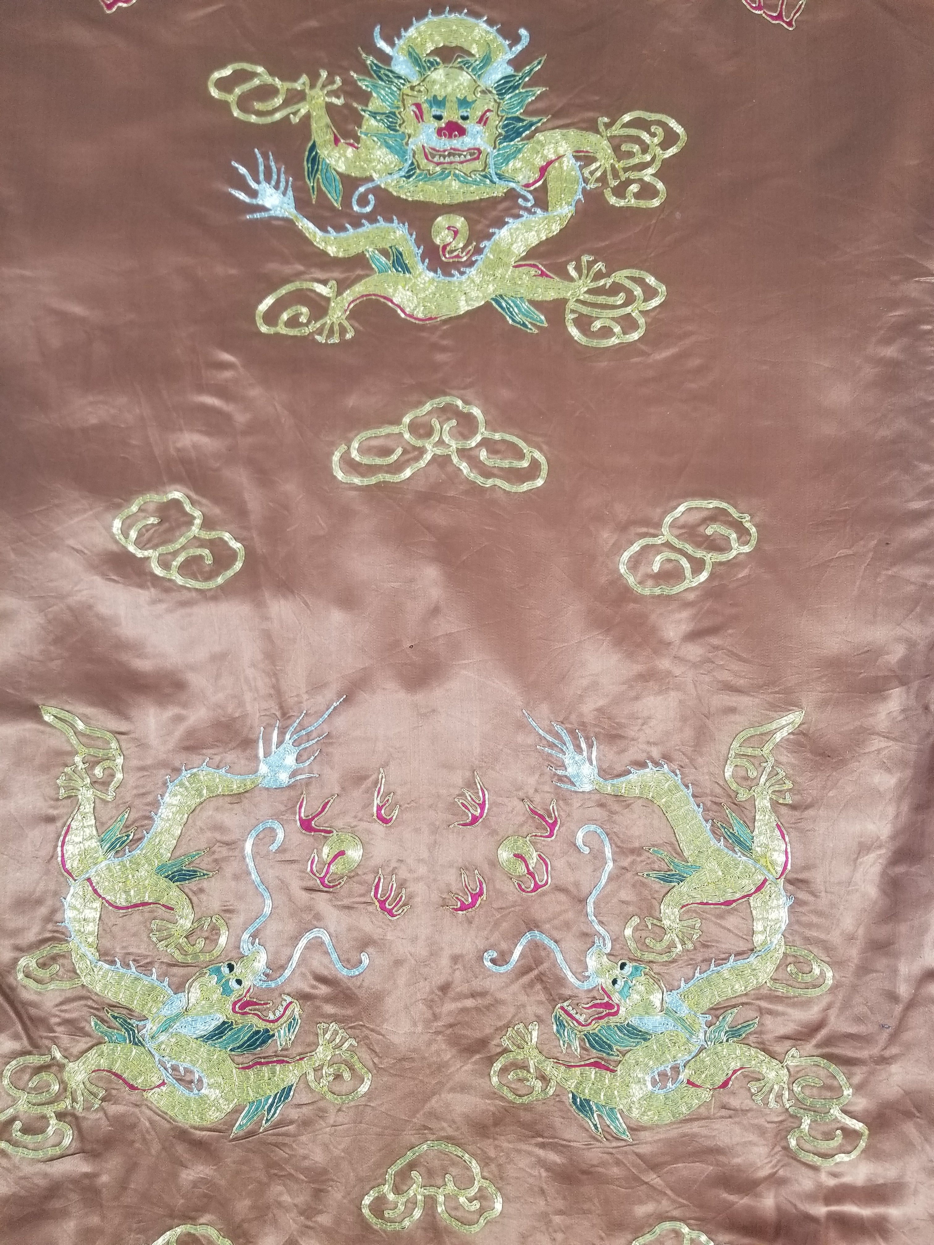Vintage Chinese Gold Metallic Embroidered Imperial Dragon Silk Kimono Robe