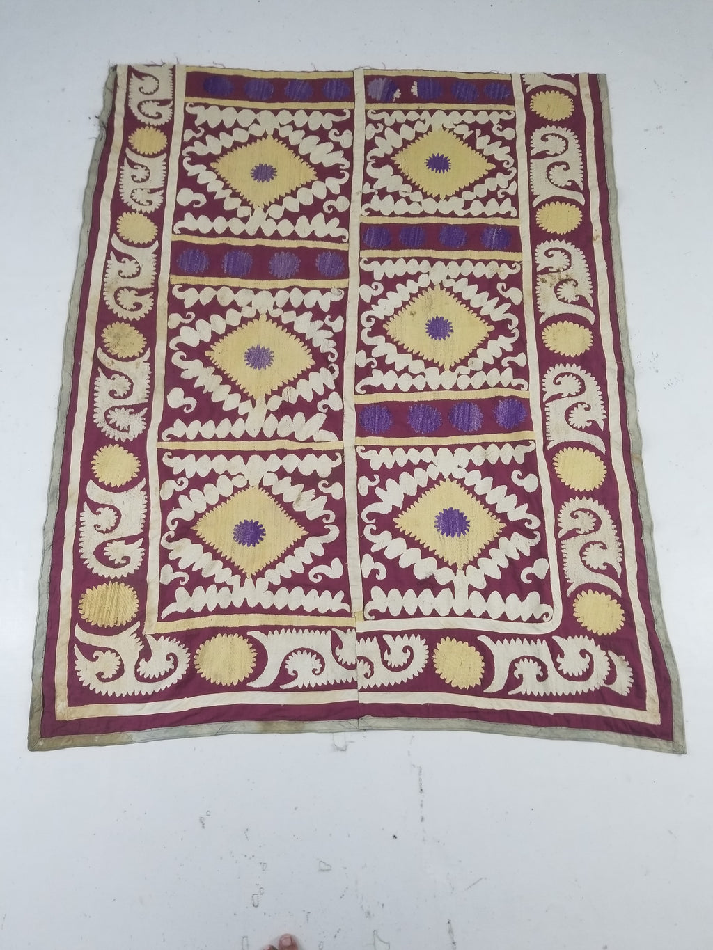 Antique Uzbek Suzani Folk Art Silk Hand Embroidered Wall Hanging 146x118cm