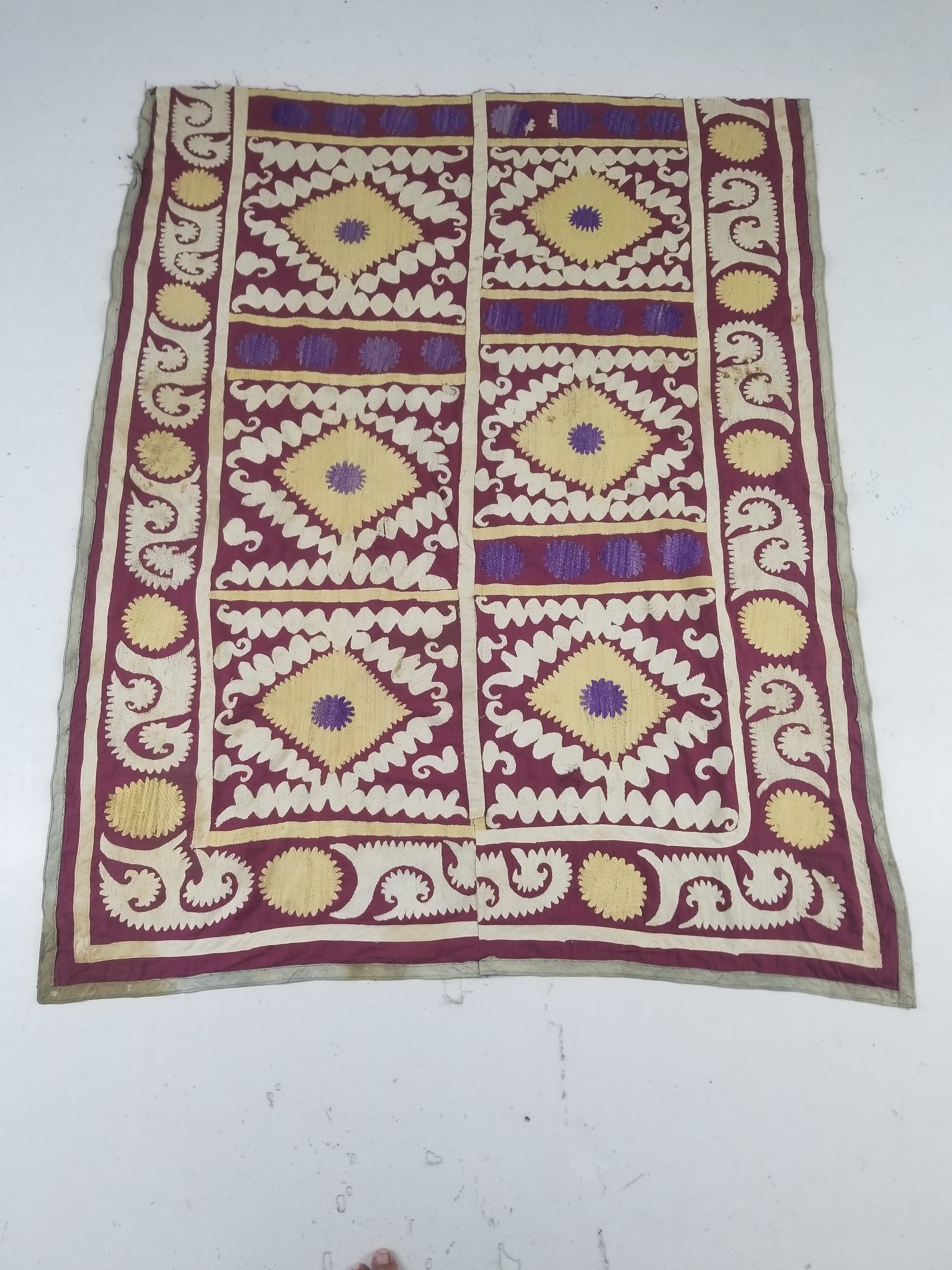 Antique Uzbek Suzani Folk Art Silk Hand Embroidered Wall Hanging 146x118cm