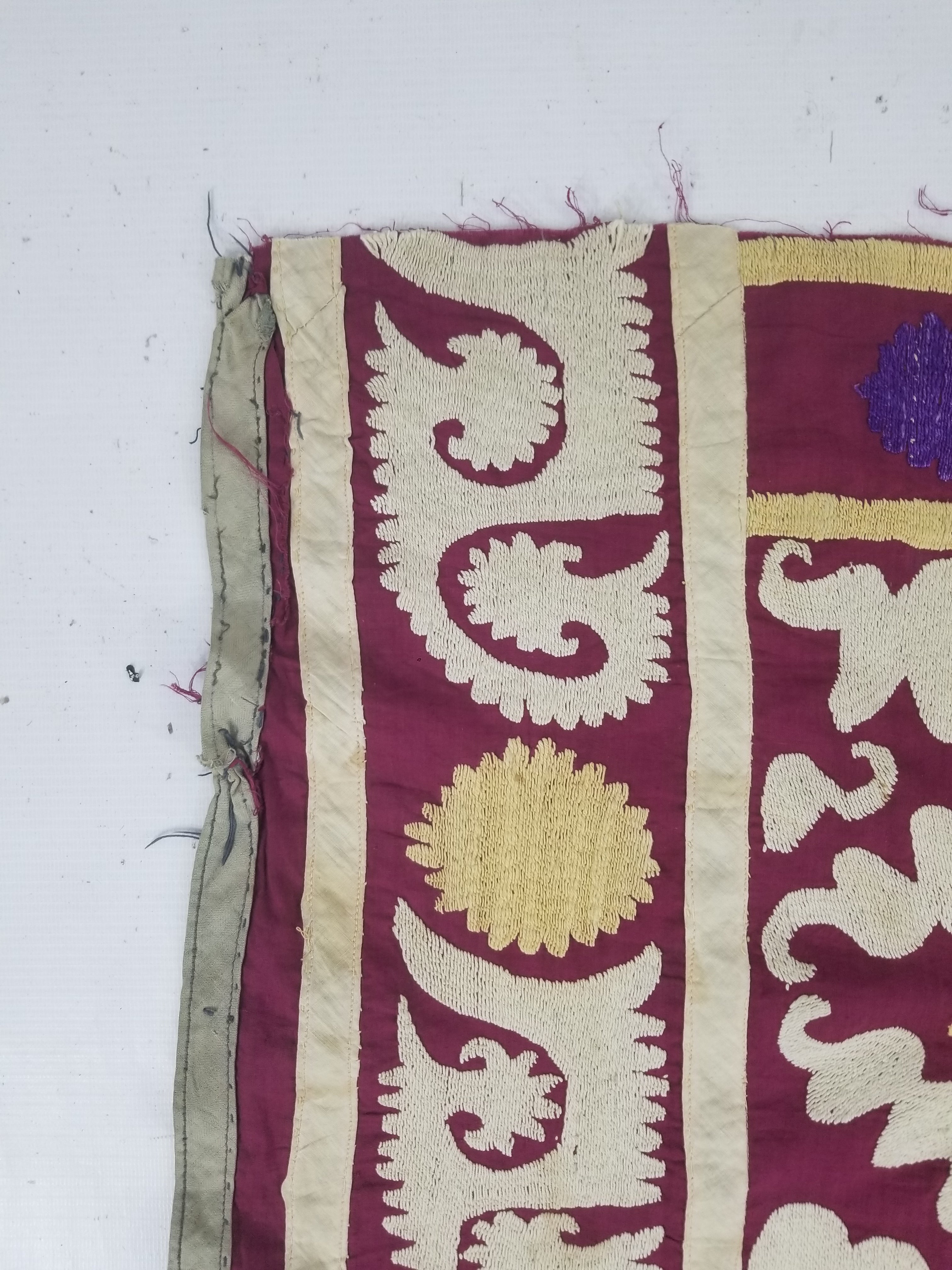 Antique Uzbek Suzani Folk Art Silk Hand Embroidered Wall Hanging 146x118cm