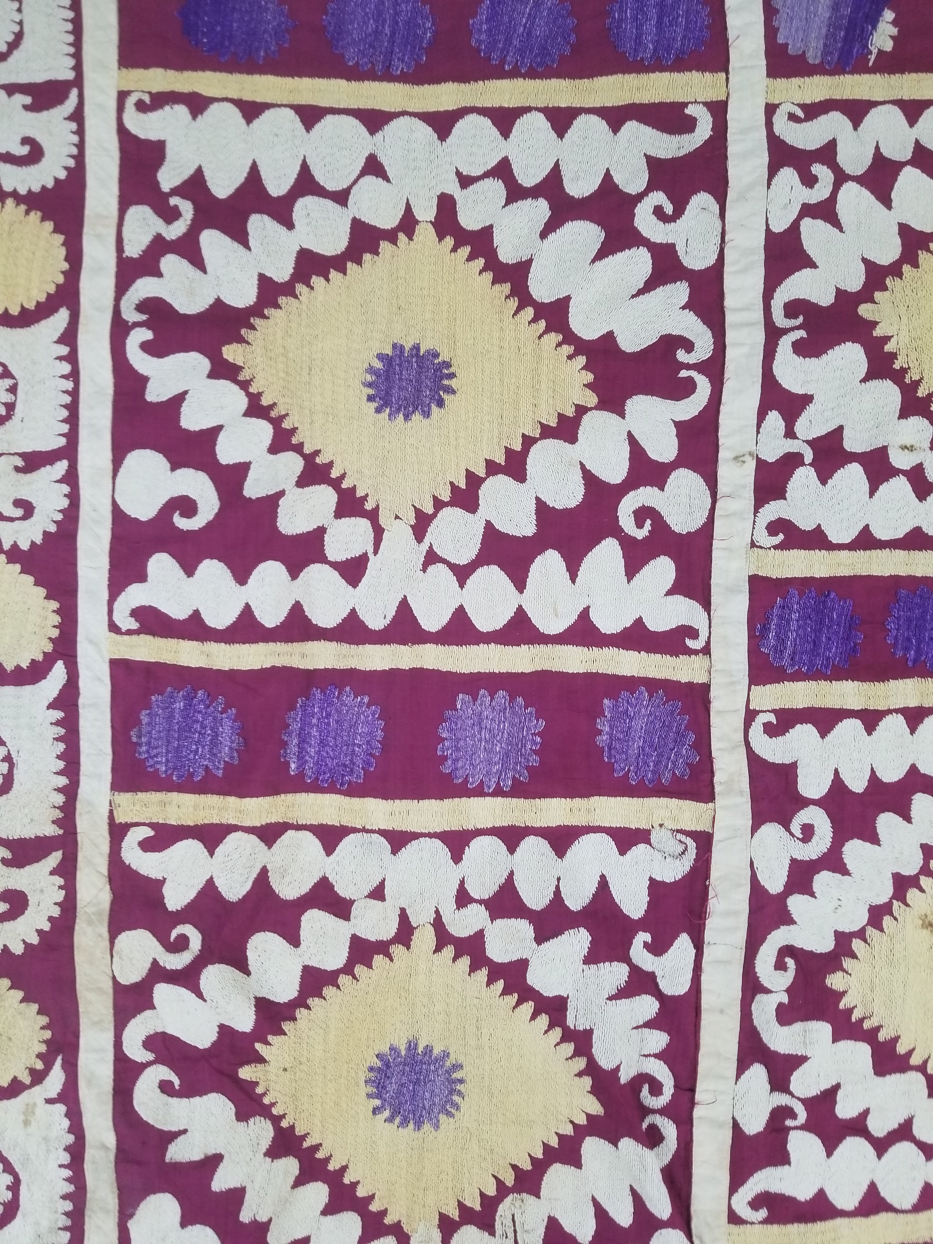 Antique Uzbek Suzani Folk Art Silk Hand Embroidered Wall Hanging 146x118cm