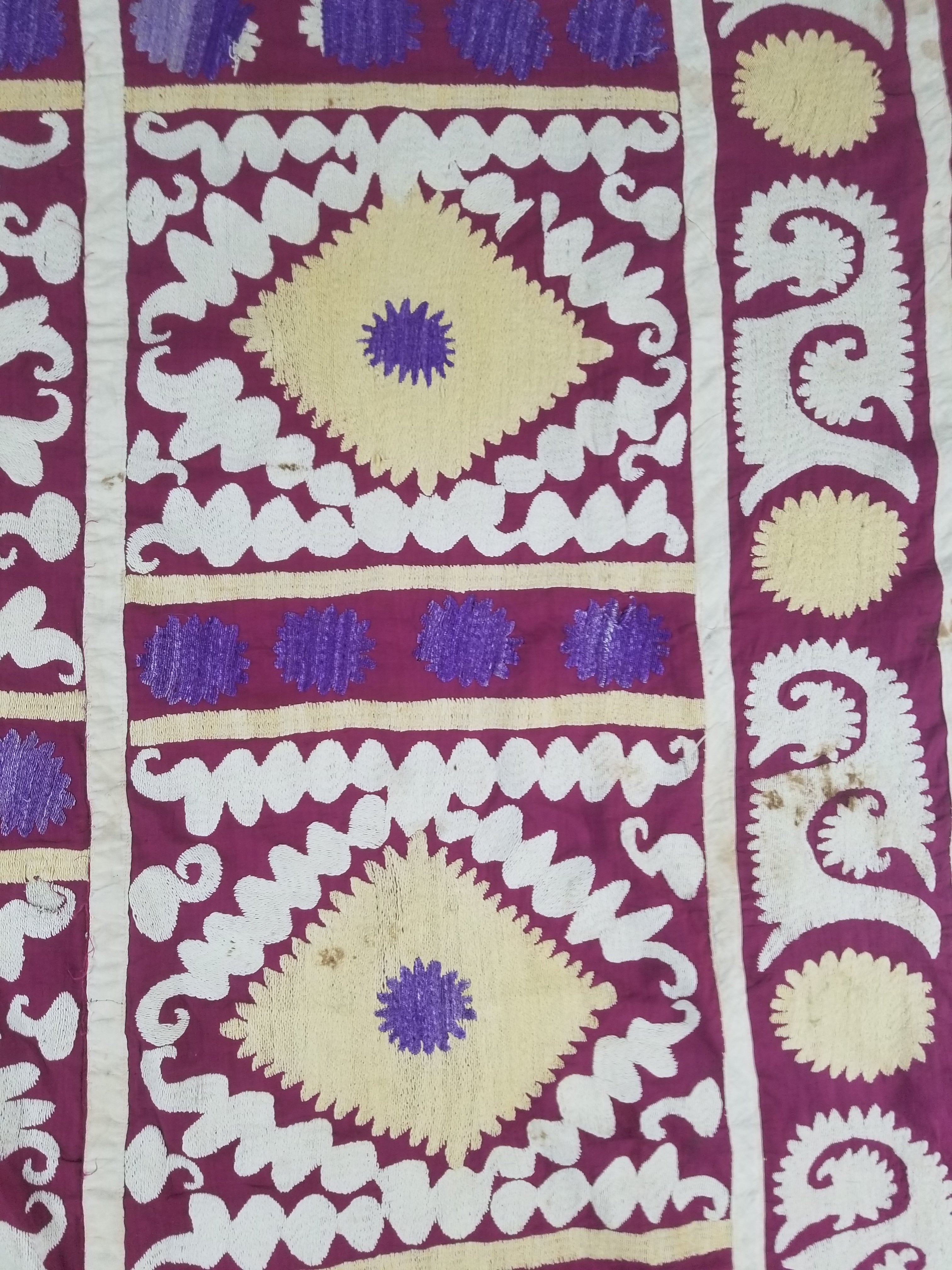 Antique Uzbek Suzani Folk Art Silk Hand Embroidered Wall Hanging 146x118cm
