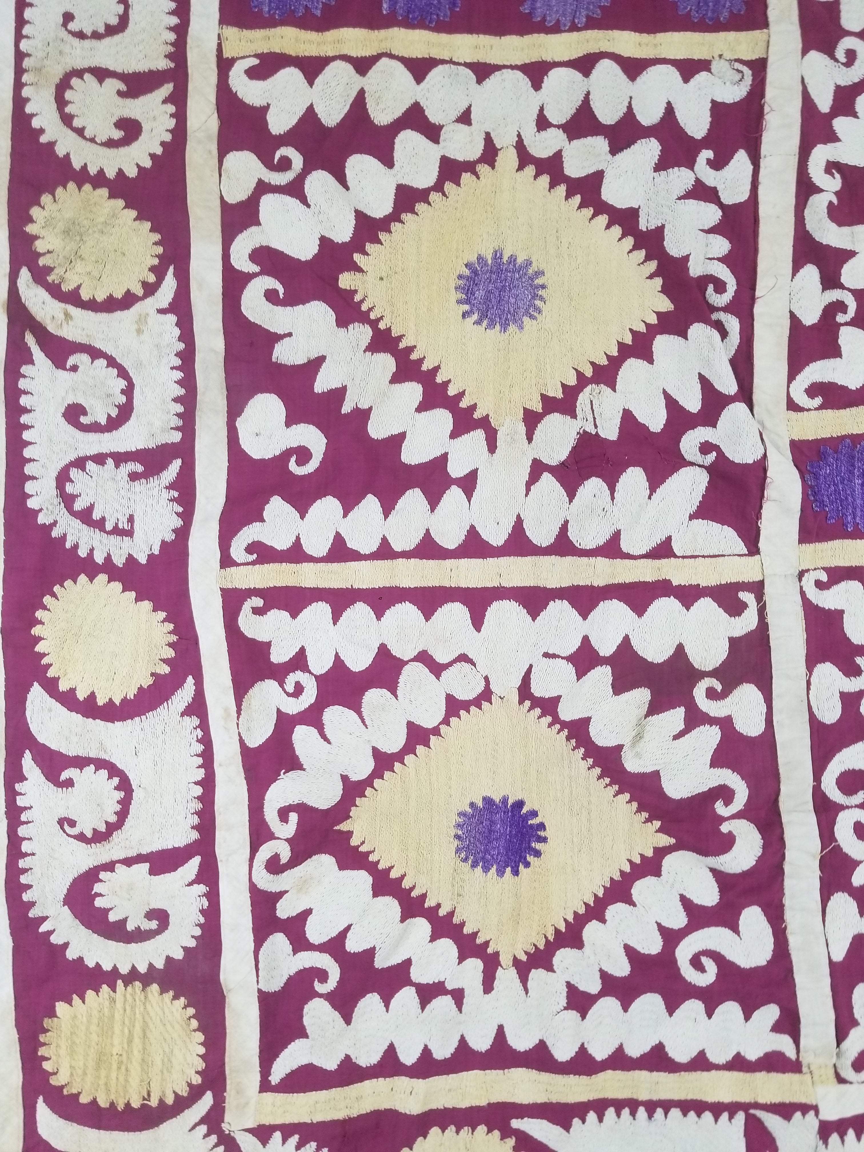 Antique Uzbek Suzani Folk Art Silk Hand Embroidered Wall Hanging 146x118cm