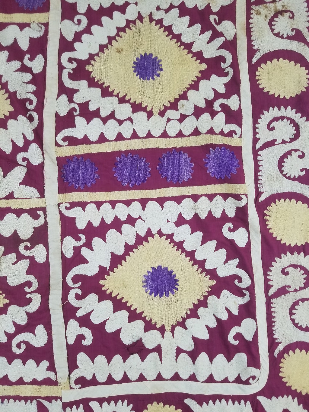 Antique Uzbek Suzani Folk Art Silk Hand Embroidered Wall Hanging 146x118cm