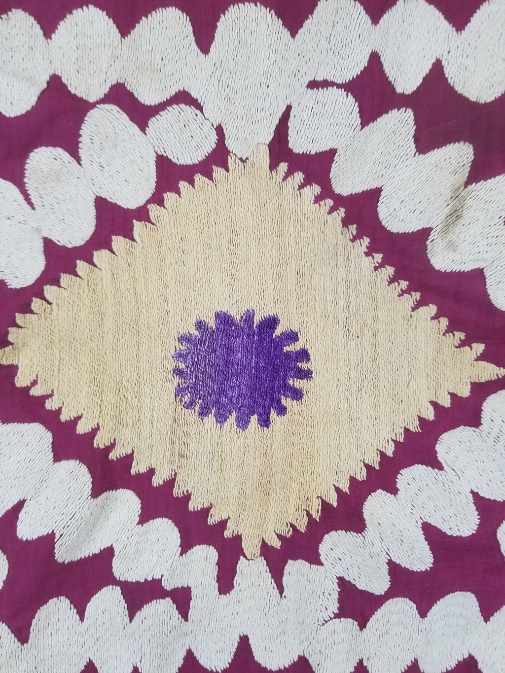 Antique Uzbek Suzani Folk Art Silk Hand Embroidered Wall Hanging 146x118cm