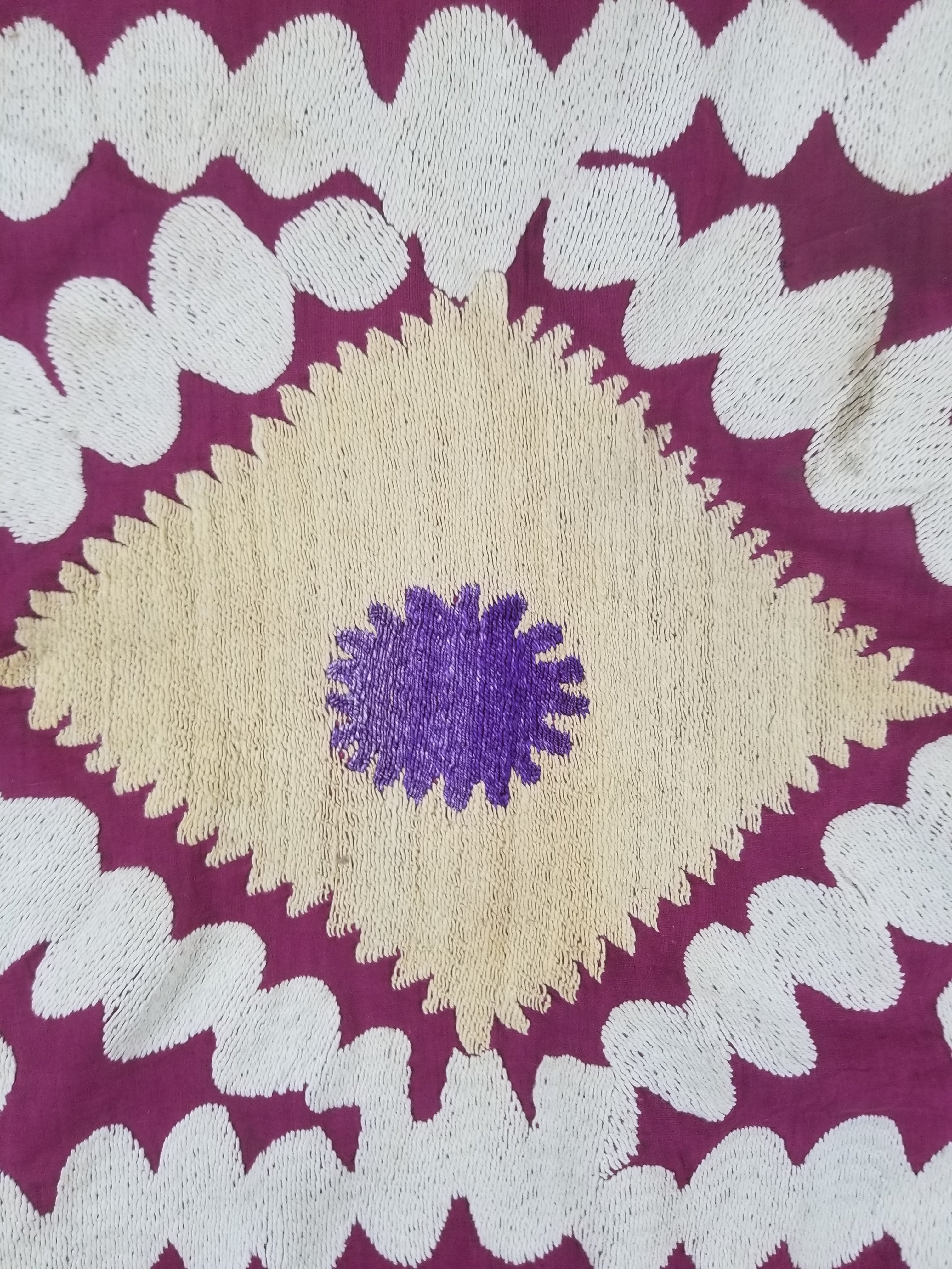 Antique Uzbek Suzani Folk Art Silk Hand Embroidered Wall Hanging 146x118cm