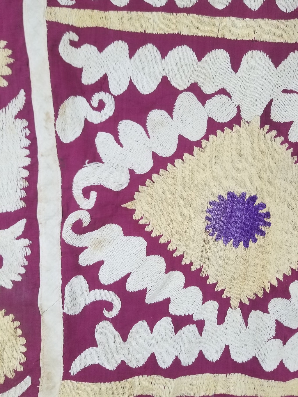 Antique Uzbek Suzani Folk Art Silk Hand Embroidered Wall Hanging 146x118cm