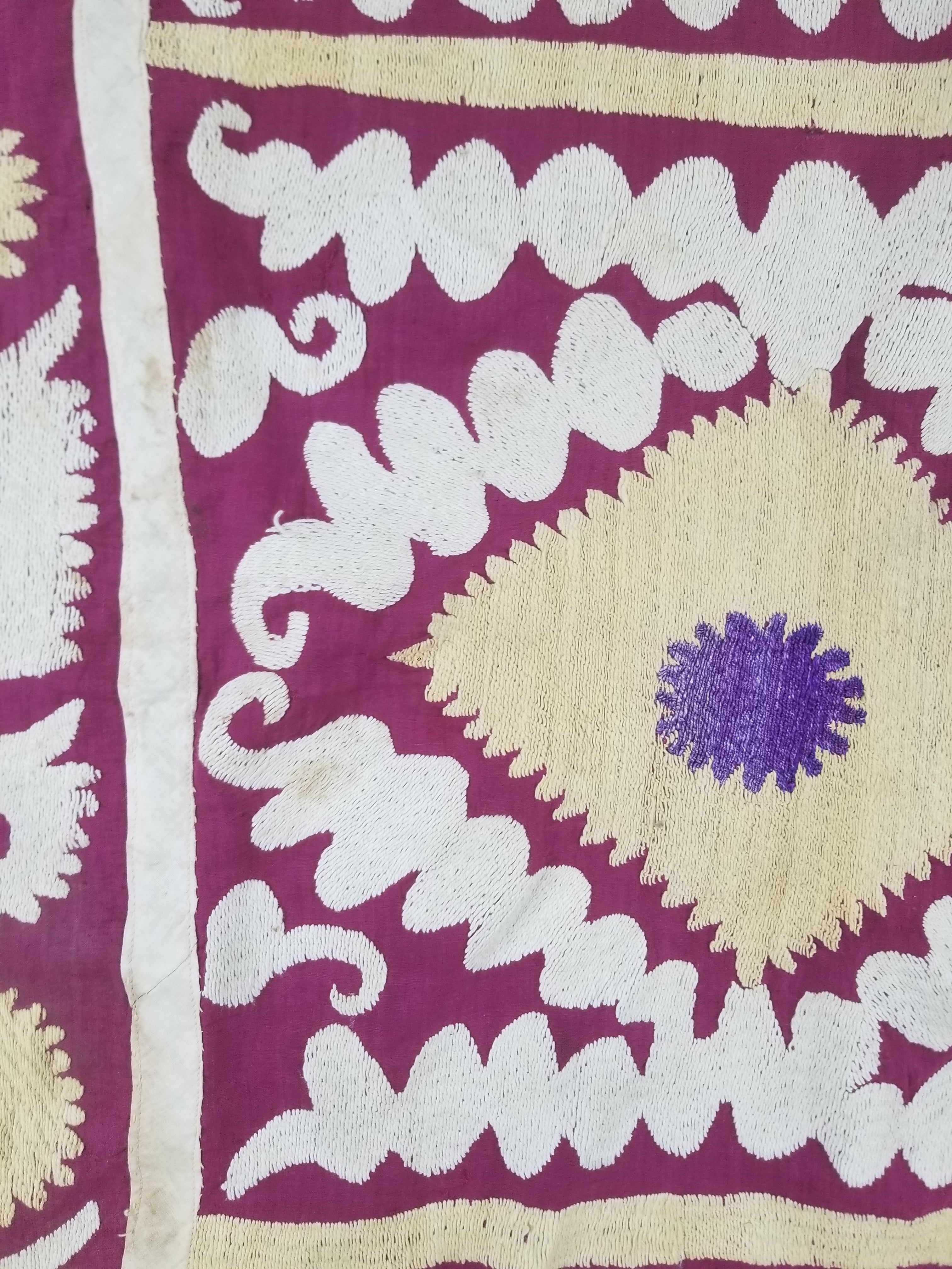 Antique Uzbek Suzani Folk Art Silk Hand Embroidered Wall Hanging 146x118cm