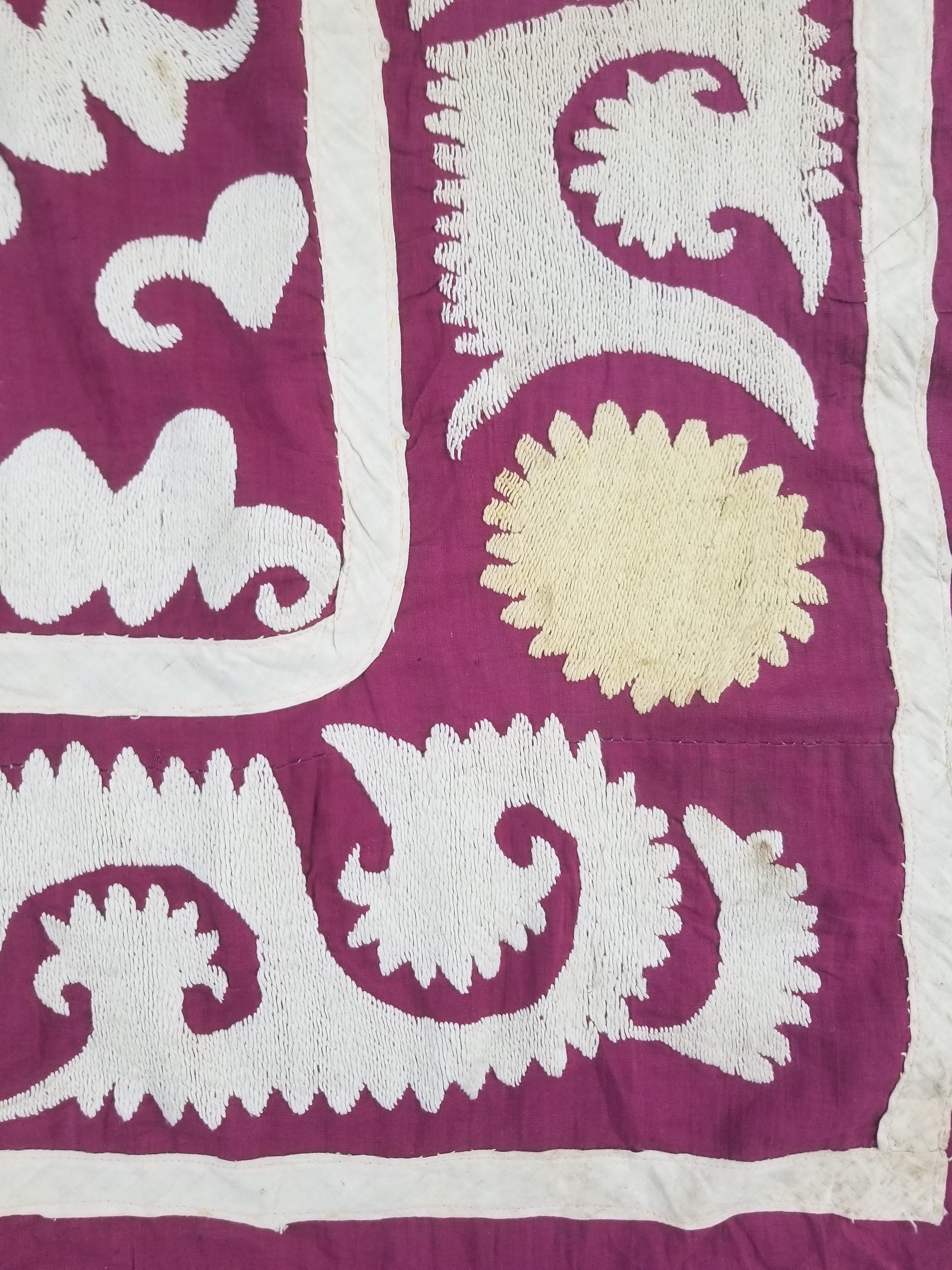 Antique Uzbek Suzani Folk Art Silk Hand Embroidered Wall Hanging 146x118cm