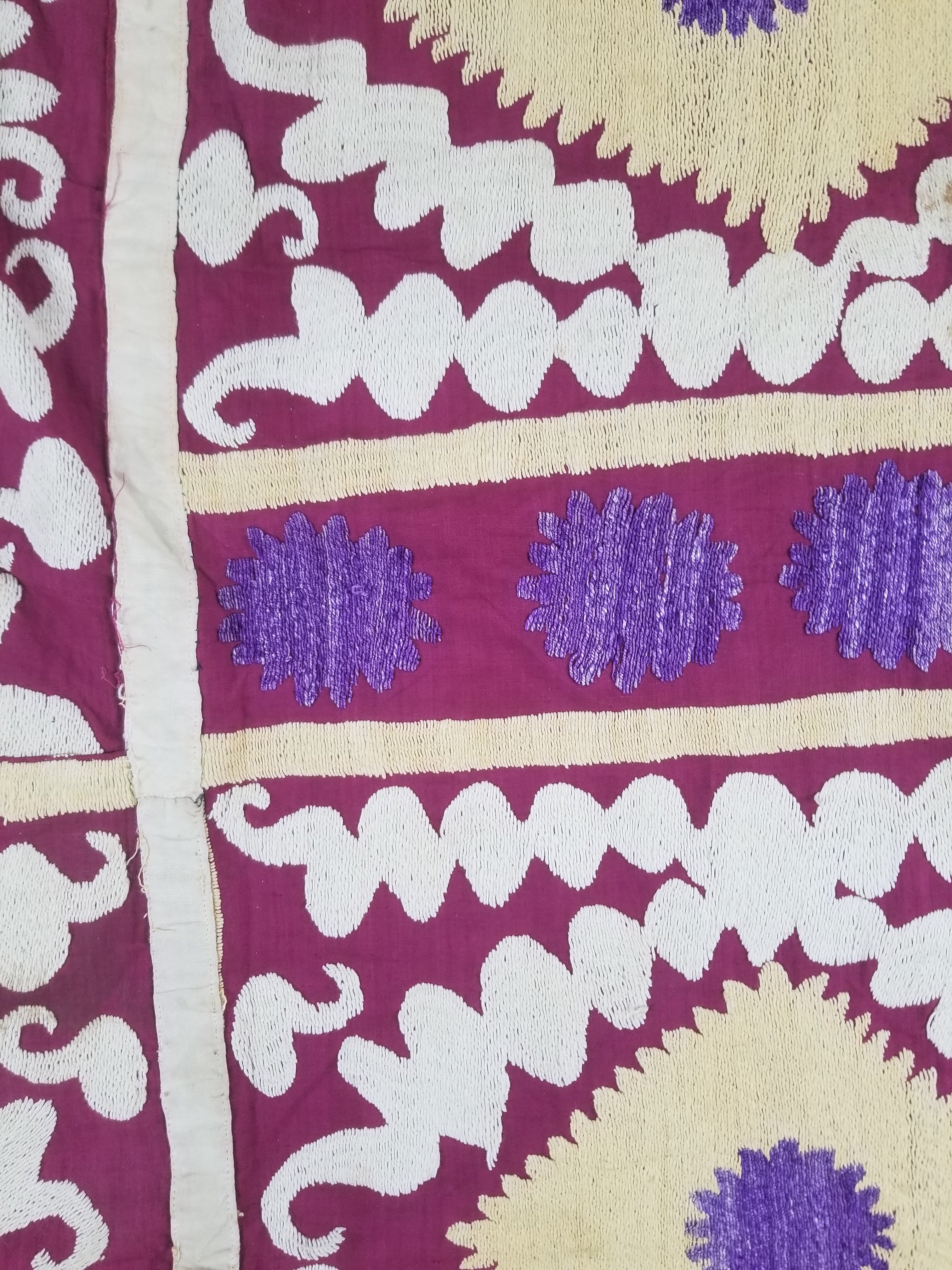Antique Uzbek Suzani Folk Art Silk Hand Embroidered Wall Hanging 146x118cm