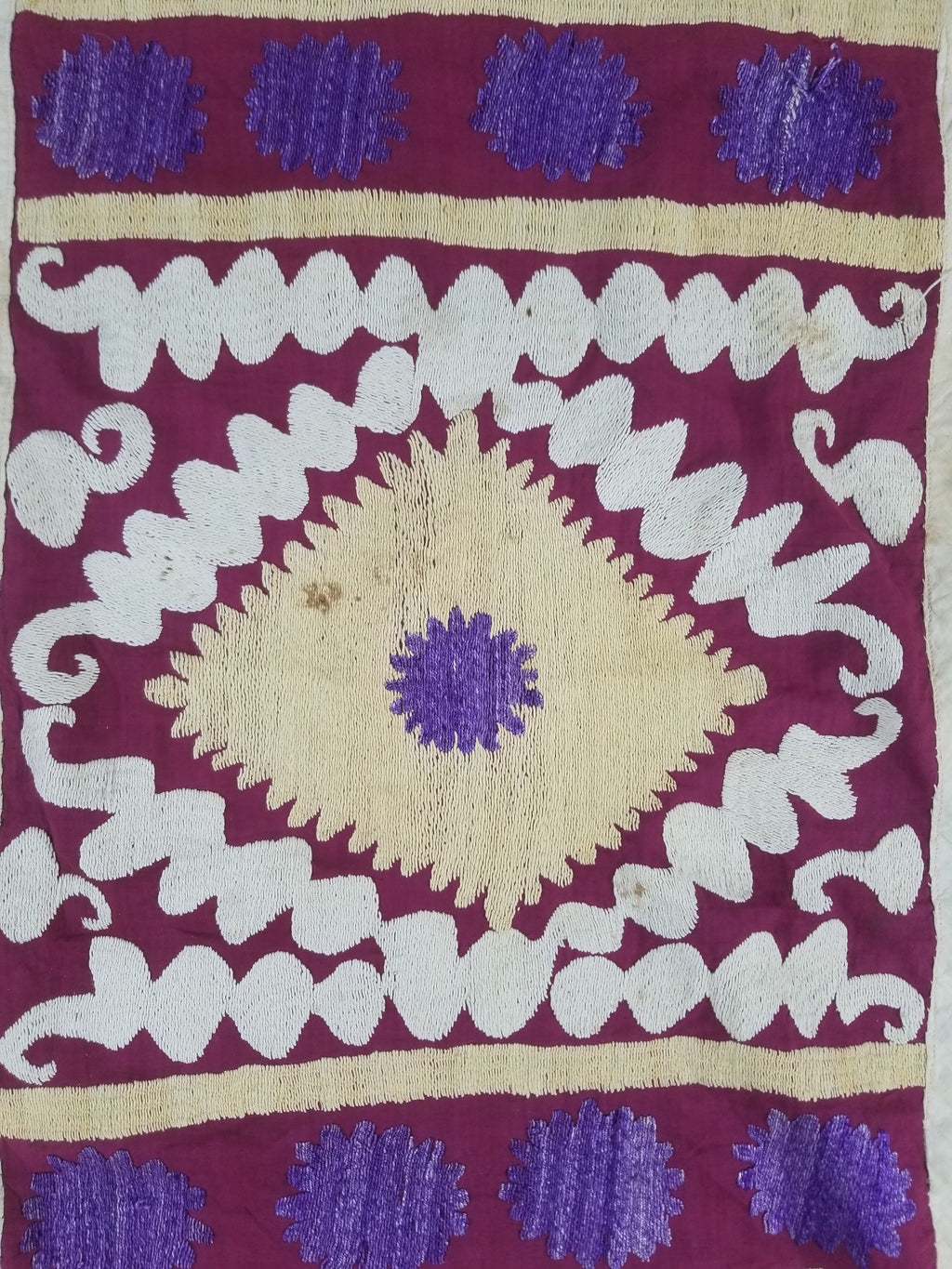 Antique Uzbek Suzani Folk Art Silk Hand Embroidered Wall Hanging 146x118cm