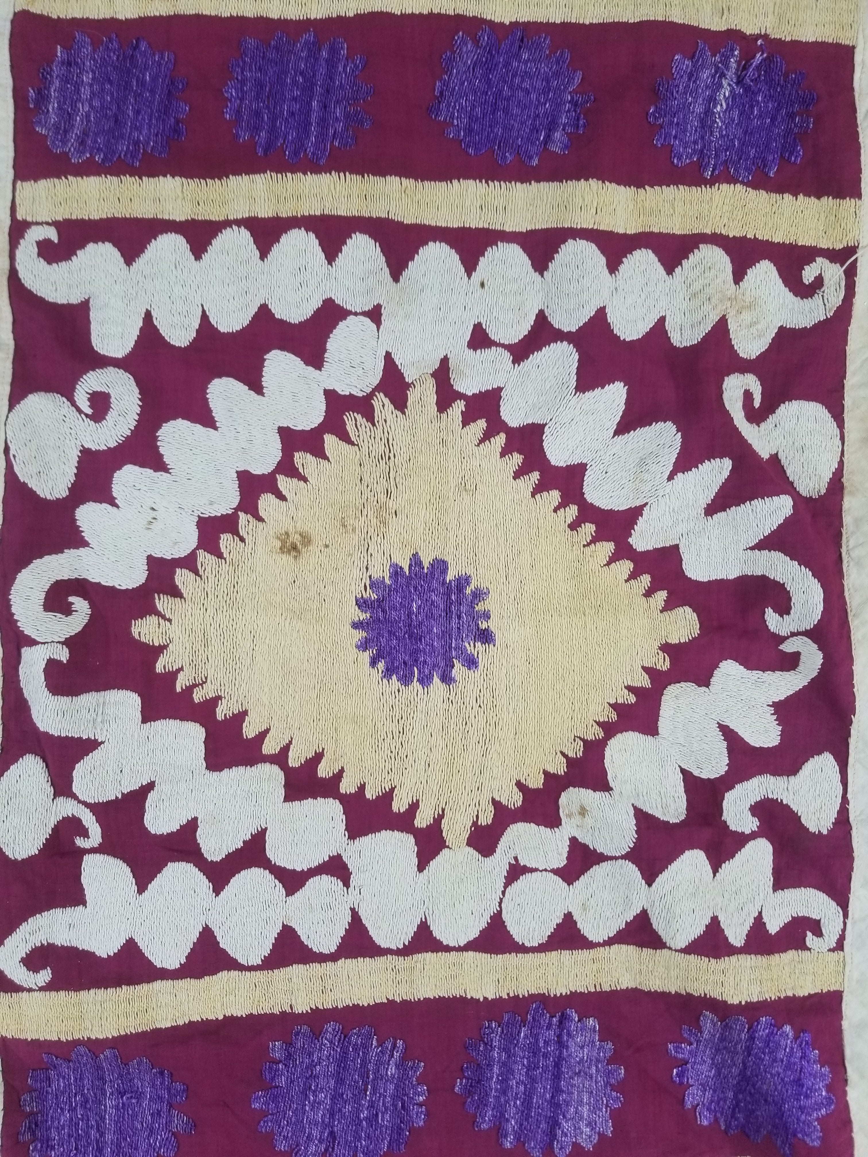 Antique Uzbek Suzani Folk Art Silk Hand Embroidered Wall Hanging 146x118cm