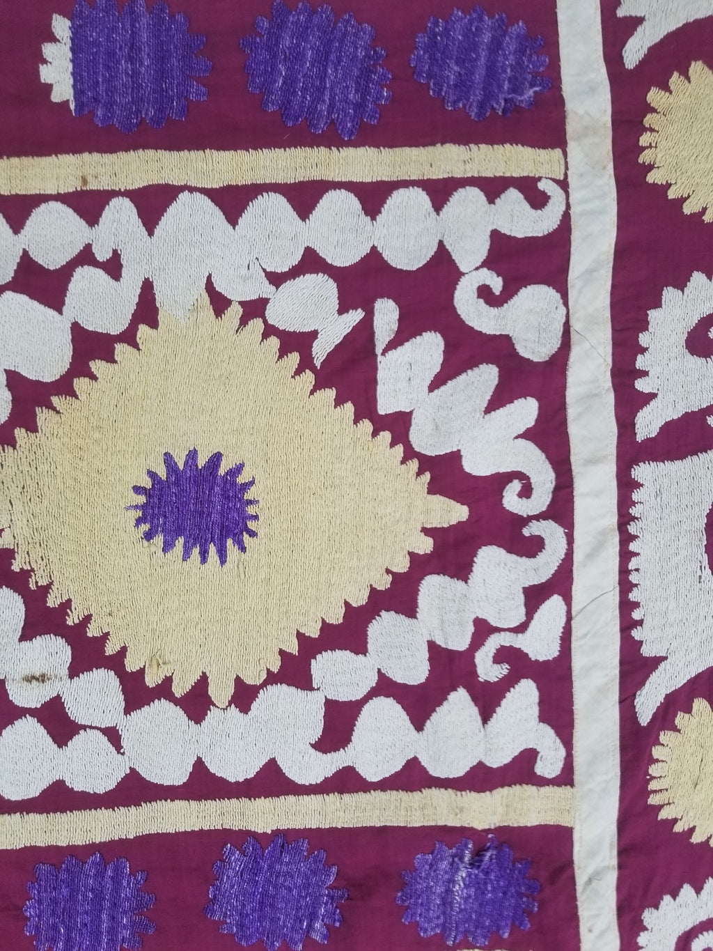 Antique Uzbek Suzani Folk Art Silk Hand Embroidered Wall Hanging 146x118cm