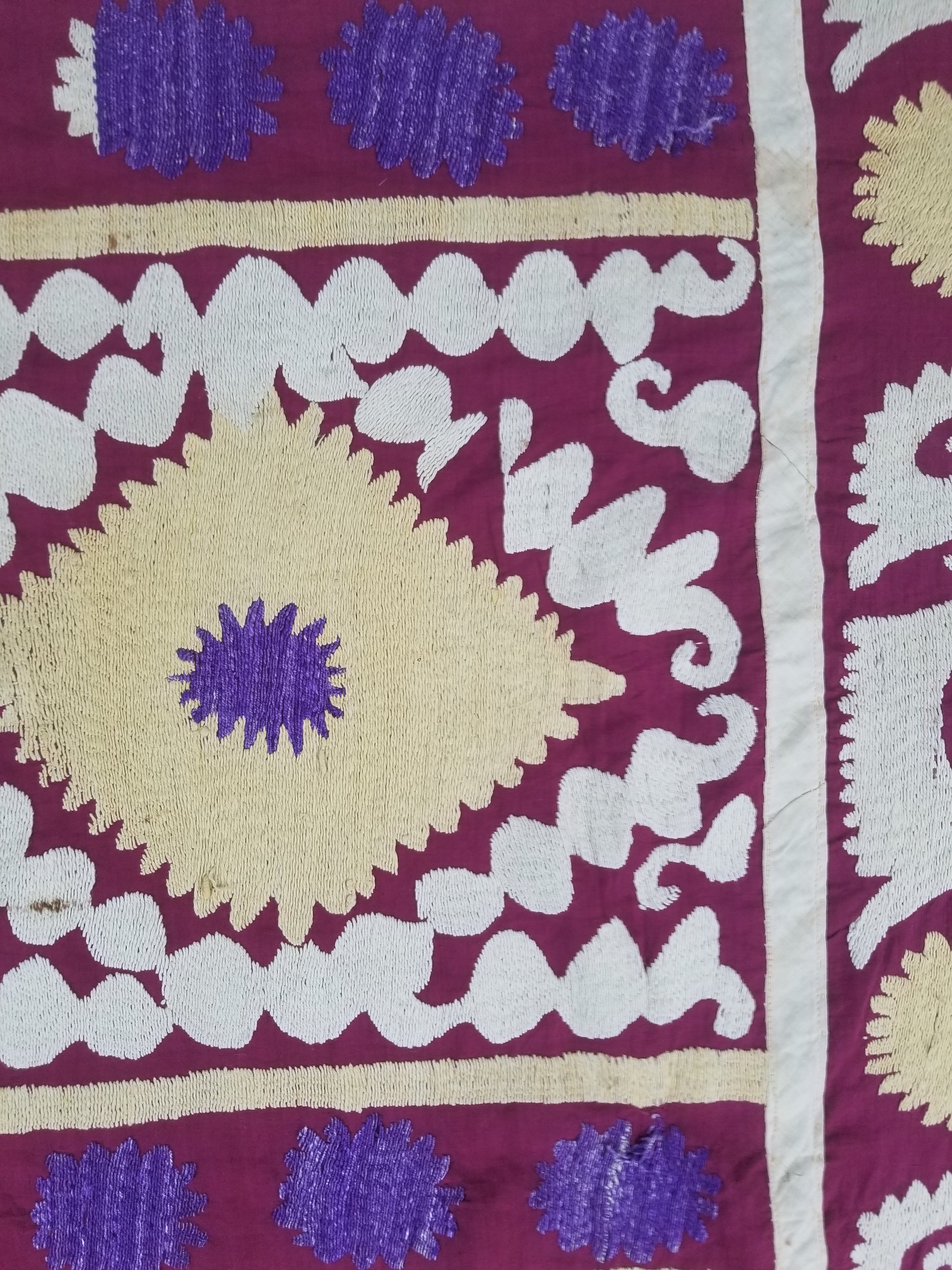 Antique Uzbek Suzani Folk Art Silk Hand Embroidered Wall Hanging 146x118cm